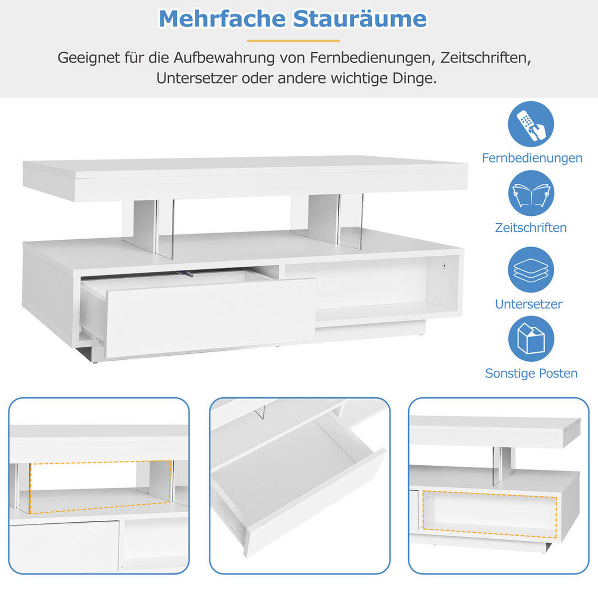 COUCHTISCH 95x50cm Weiß Hochglanz 4 Glasplatten 2 Schubladen 2 Fächer - Weiß, Holz (103.99/59/17.5cm) - FLIEKS
