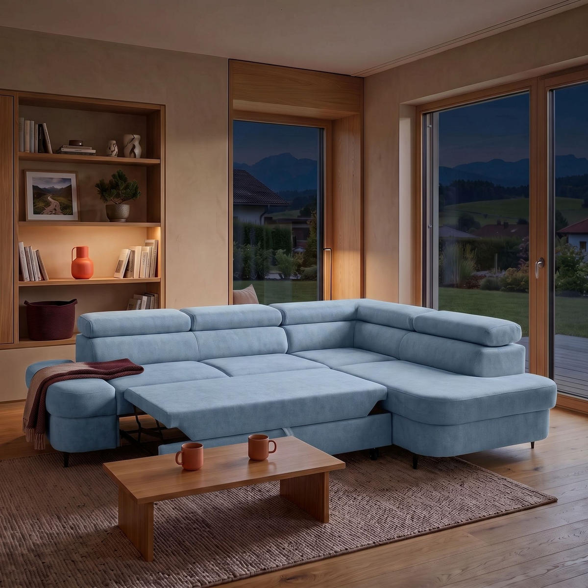 ECKSOFA PRIAM L Rechts mit Schlaffunktion 125x195 Velours Hellblau - Schwarz/Hellblau, Holz/Textil (203/275cm) - Muffo