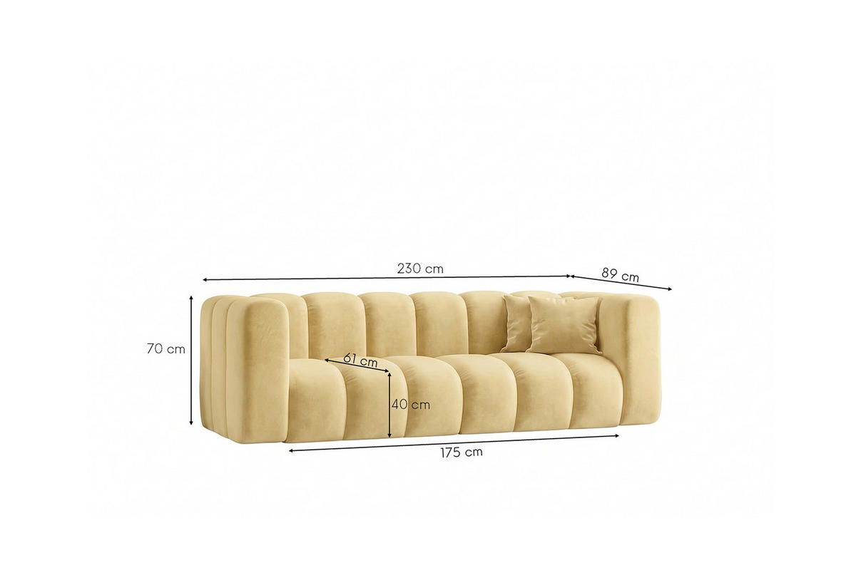 SOFA 3-Sitzer Modulares, Velvet-Stoff Riviera, Buttergelb, GRAND - Hellgelb, Holz (230/70/89cm) - Kaiser Möbel
