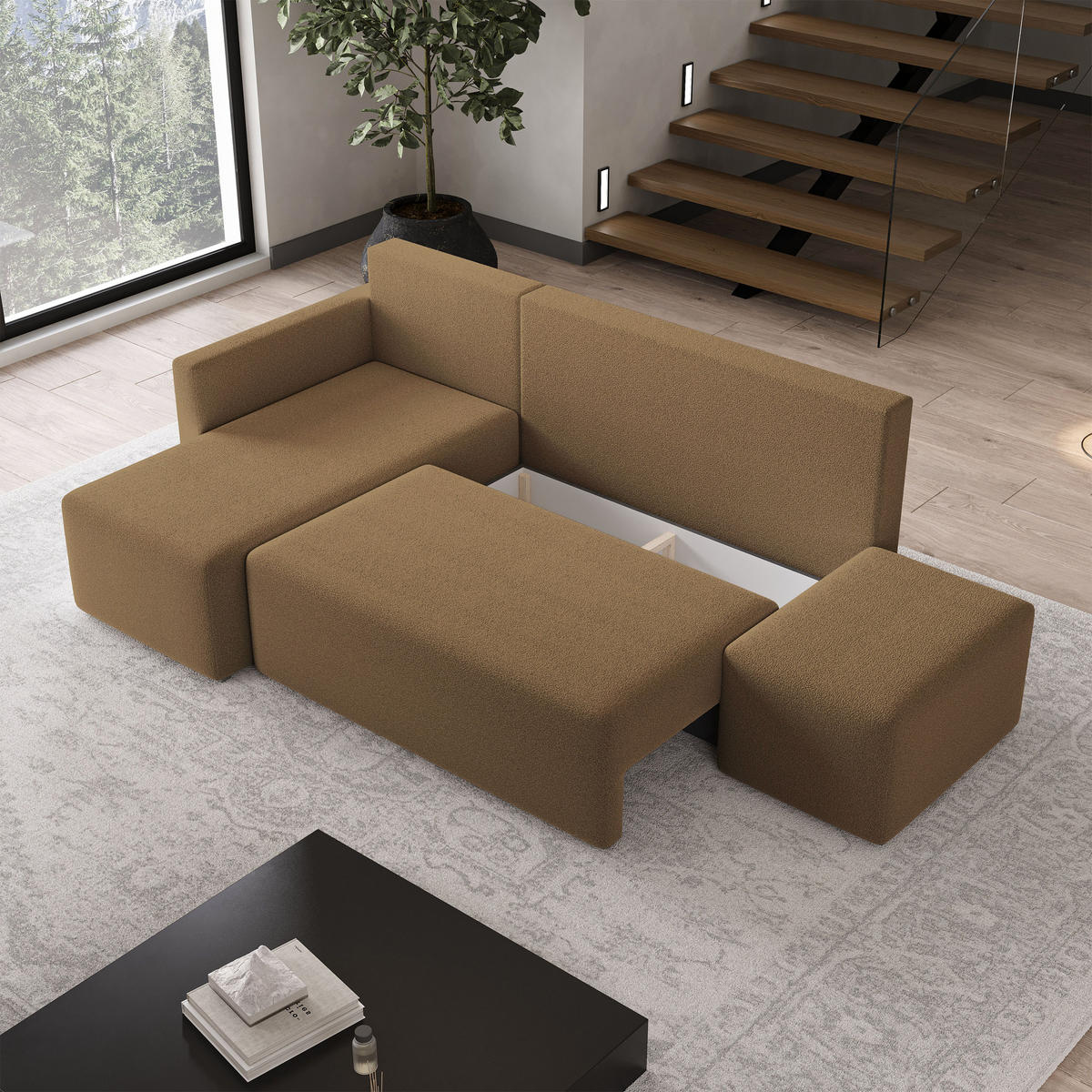 ECKSOFA VELOTTI L-S Orange Boucle-Stoff mit Schlaffunktion - Orange, Holz (261/143cm) - MASSENO