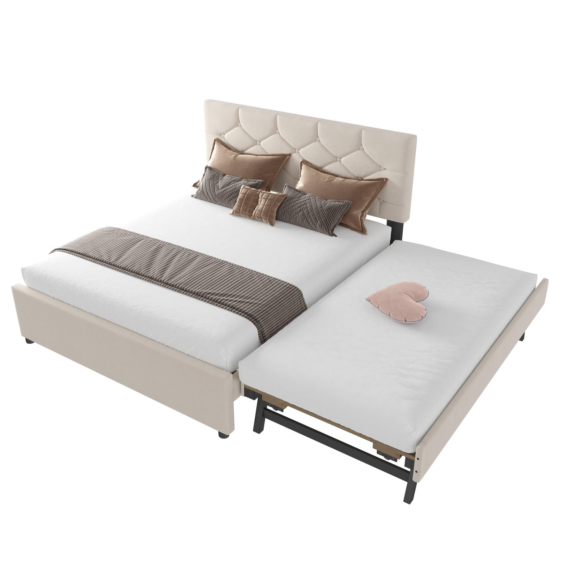OKWISH ČALOUNĚNÁ postel 140/200 cm béžová ze sametu a MDF s lamelovým roštem a výsuvným lůžkem