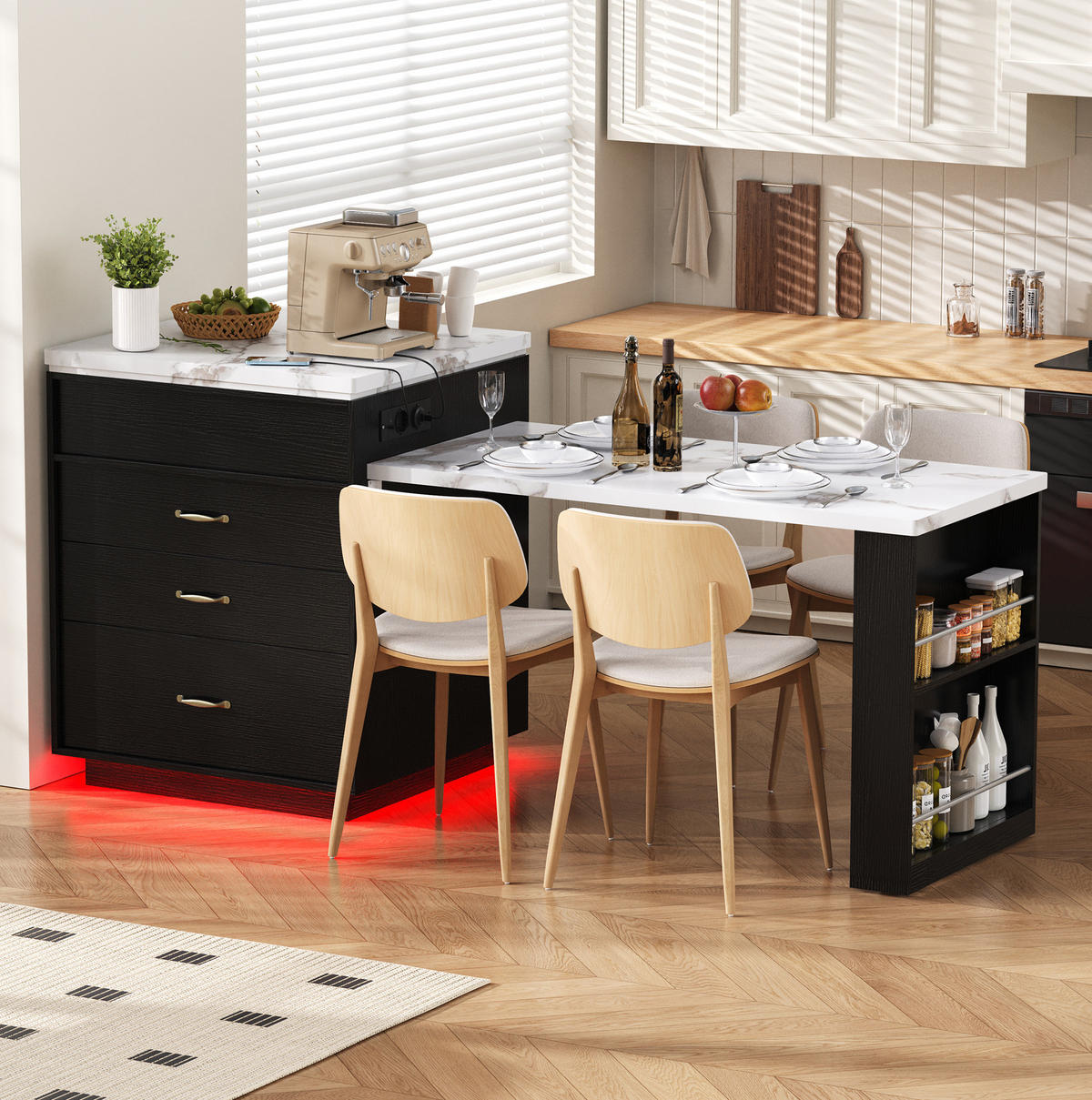 KUCHYNSKÝ ostrovček 125,5–187,5 × 71 × 93 cm, MDF, čierny, výsuvný s LED - čierna, kompozitné drevo (125.5/93/71cm) - BEAOK