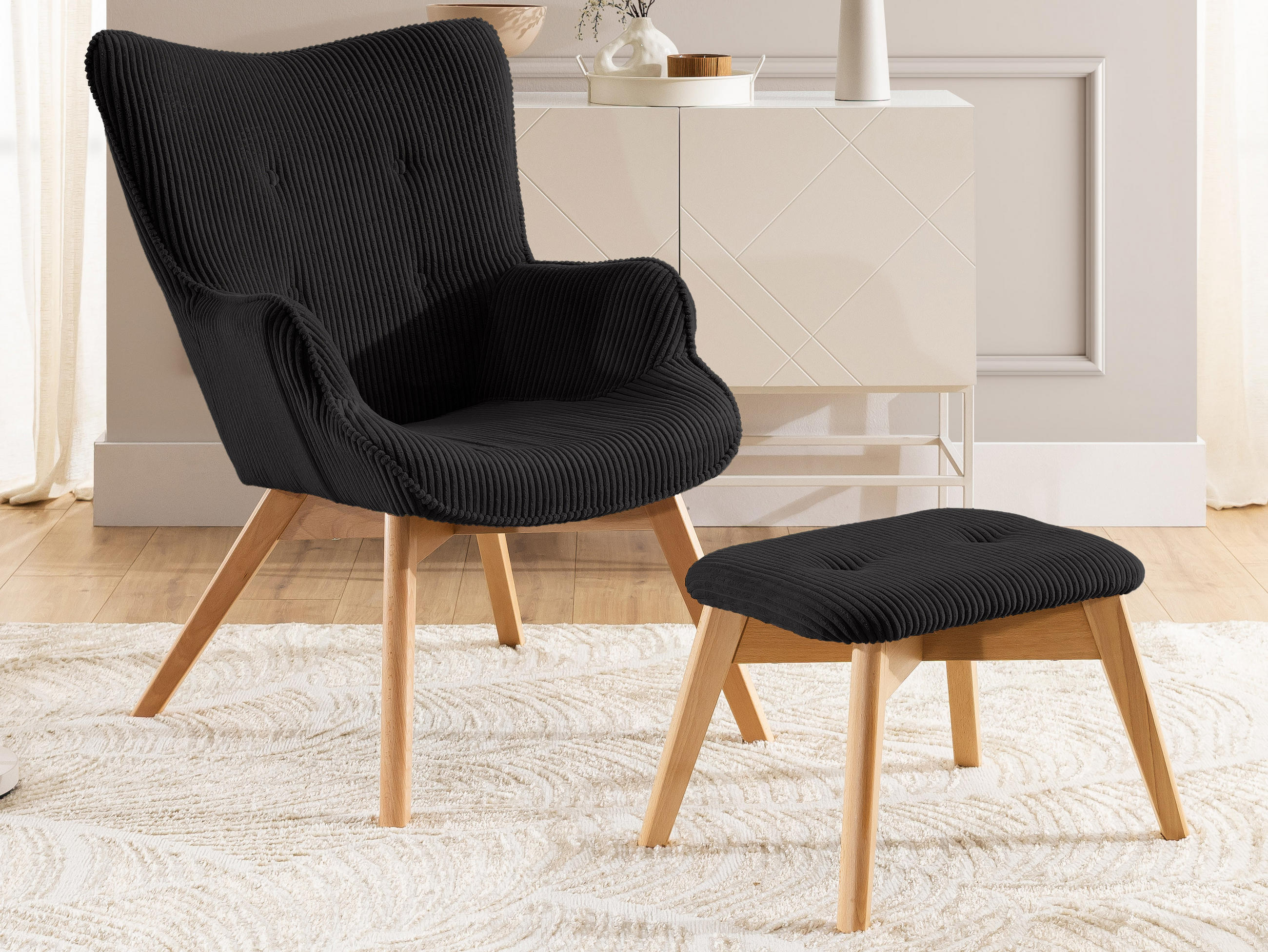 LOUNGESESSEL mit Fußhocker Lenari Schwarz Cordstoff mit Füßen in Natur - Schwarz/Naturfarben, Holz/Textil (71/96/86cm) - S-Style Möbel