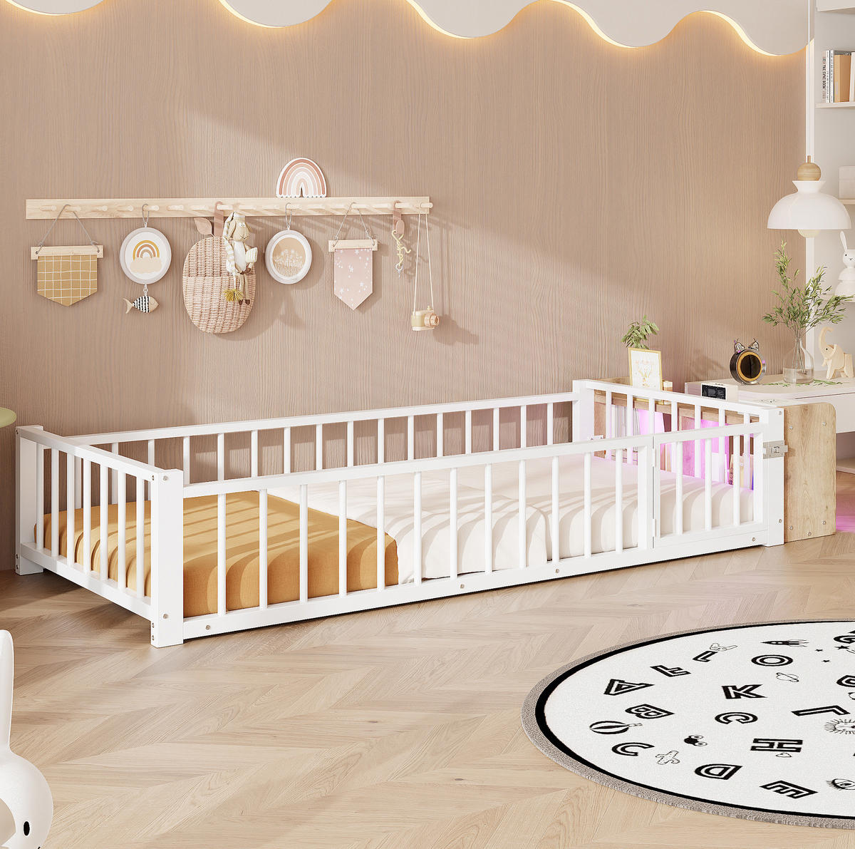 KINDERBETT aus Metall und MDF 90x200 cm Weiß mit Schutzgeländer, offenem Staufach und LED-Beleuchtung - Weiß, Holzwerkstoff (90/200cm) - Modfu