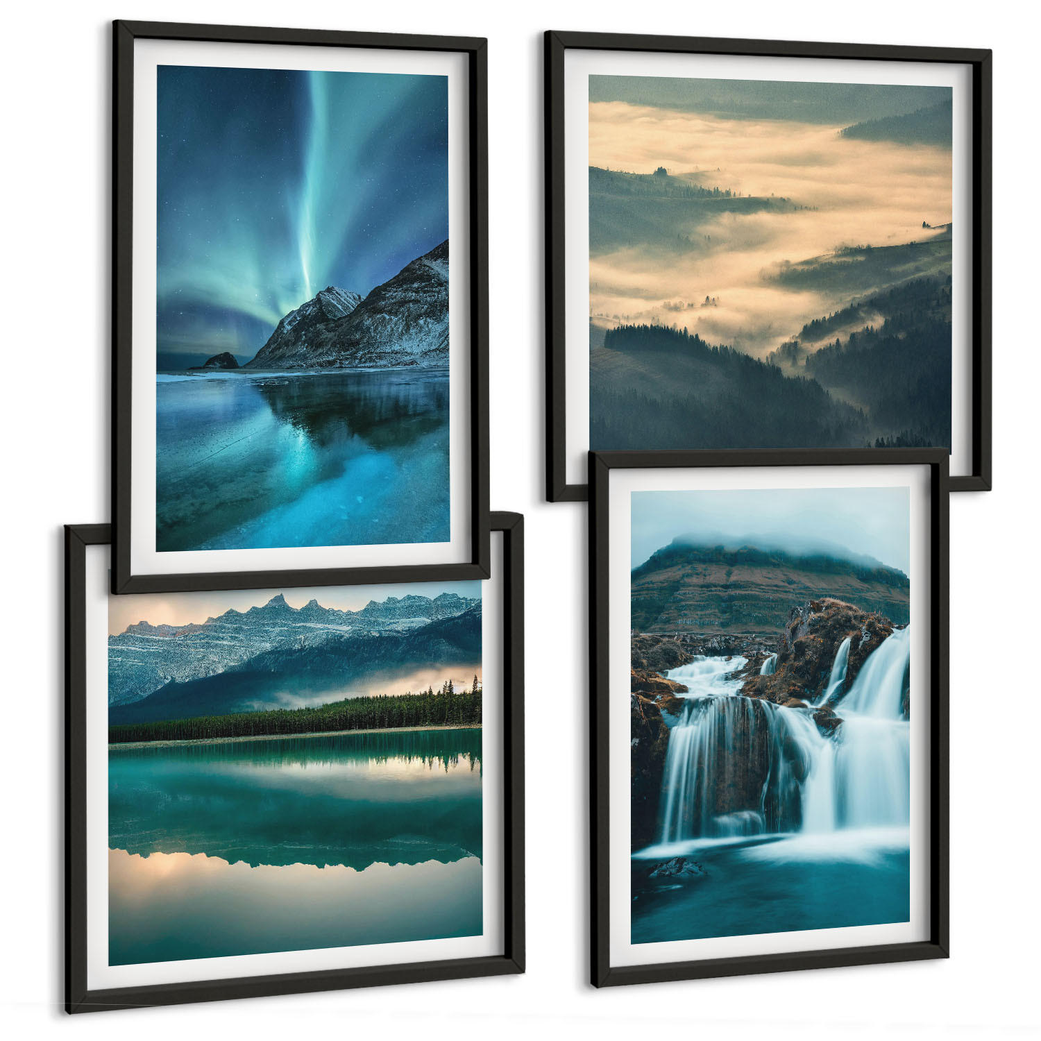 BILDER SET 4er Set - 50x50 cm & 40x60 cm Schwarzer Rahmen - Winterlandschaften, Wasserfälle, Nordlichter - Schwarz, Kunststoff (50/50cm) - TULUP