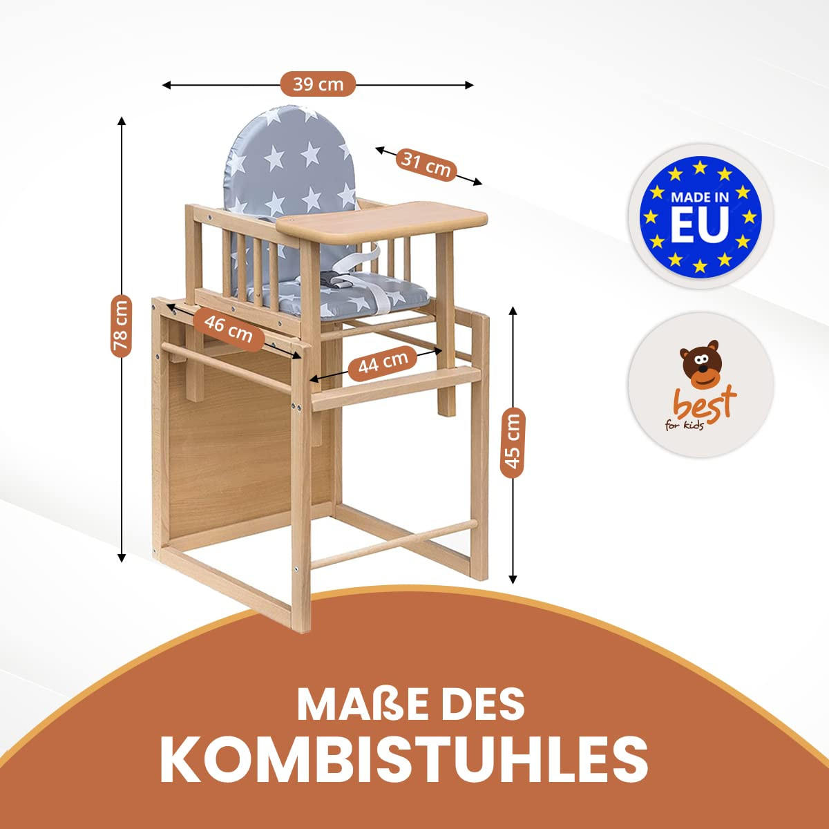 KOMBIHOCHSTUHL Victoria Bärchen | Umbaubarer Kinderstuhl Mit Tisch | Holzhochstuhl Mit Bärchen Design | Ideal Als Esstischstuhl | Schnell Montierbar - Grau, Textil (79/48/46cm) - Best for Kids