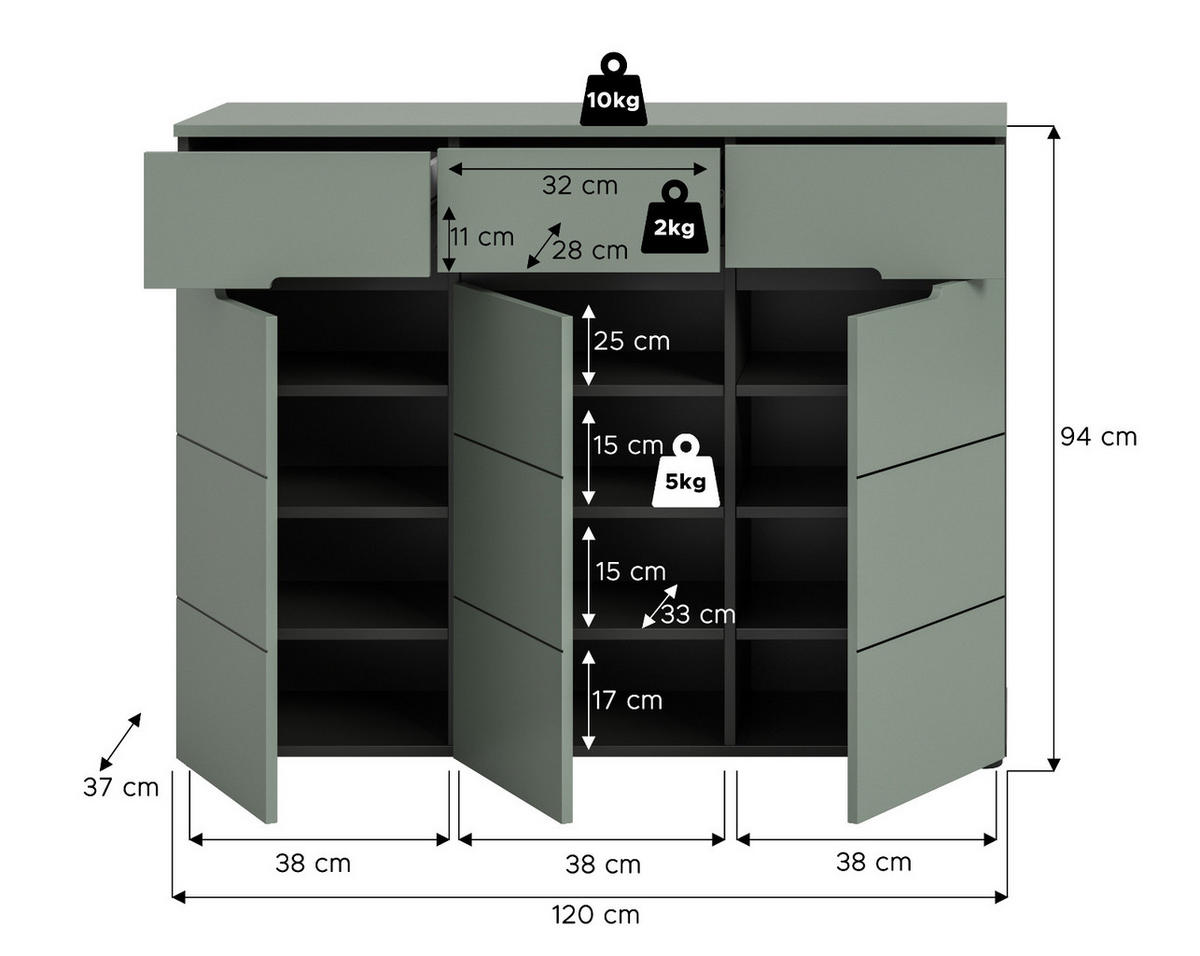 SCHUHKOMMODE Salbei grün, Baslat grau 120 cm, Flurkommode mit Soft-Close - Salbeigrün/Schwarz, Holzwerkstoff/Kunststoff (120/94/37cm) - Inn.Furn