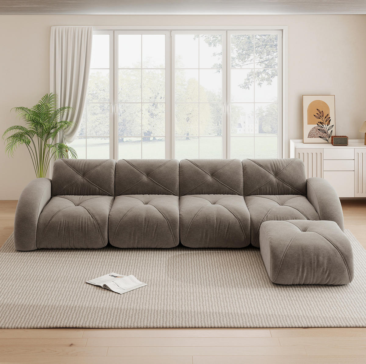 ECKSOFA in Taupe aus Chenille mit Hocker und flexibler Gestaltung - Taupe, Textil (171/358cm) - Flora Grace
