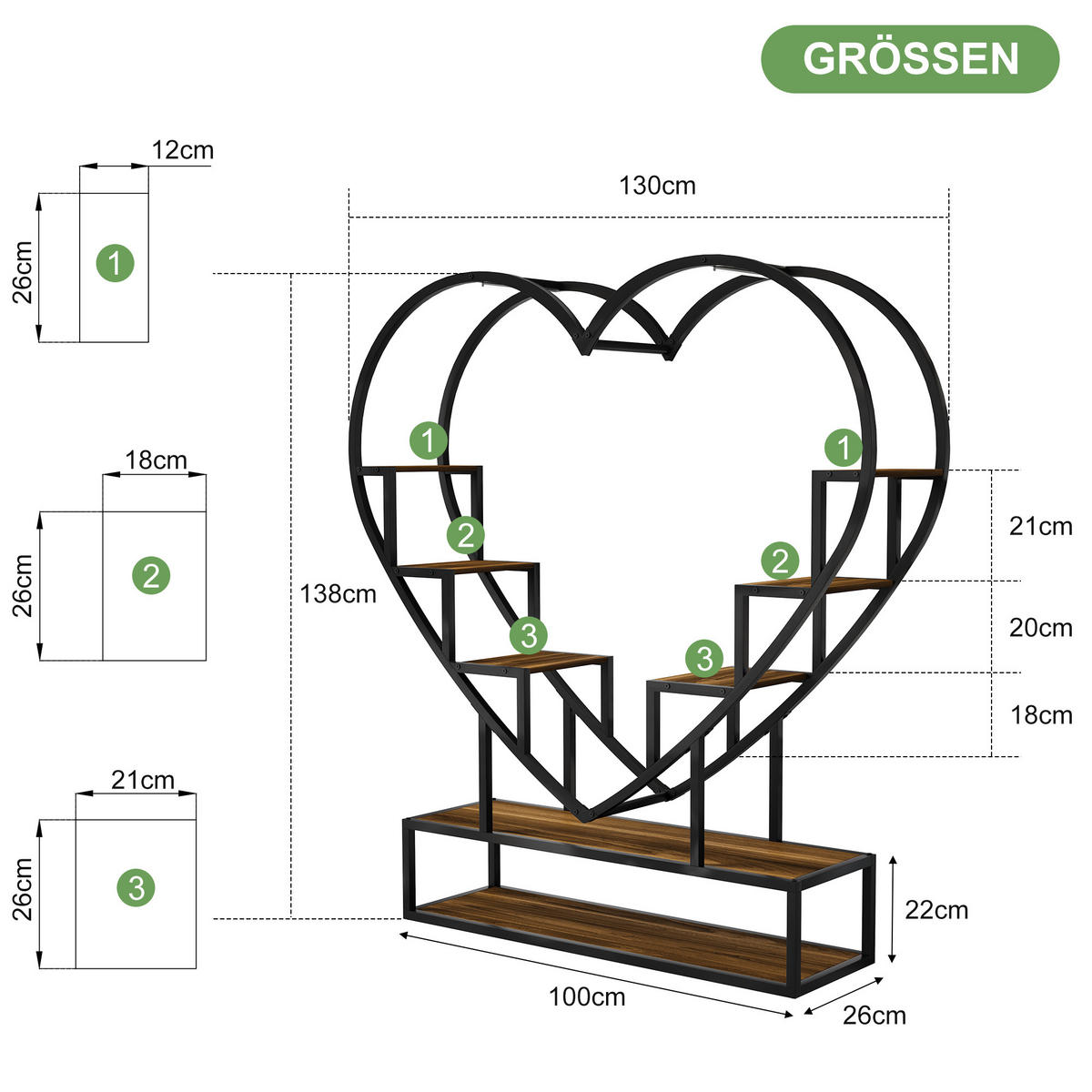 PFLANZENREGAL, Herzform, Wachstumslicht, Haken, Ablage, Tigerholzoptik, braun - Braun, Metall (130/138/26cm) - EuroLiving