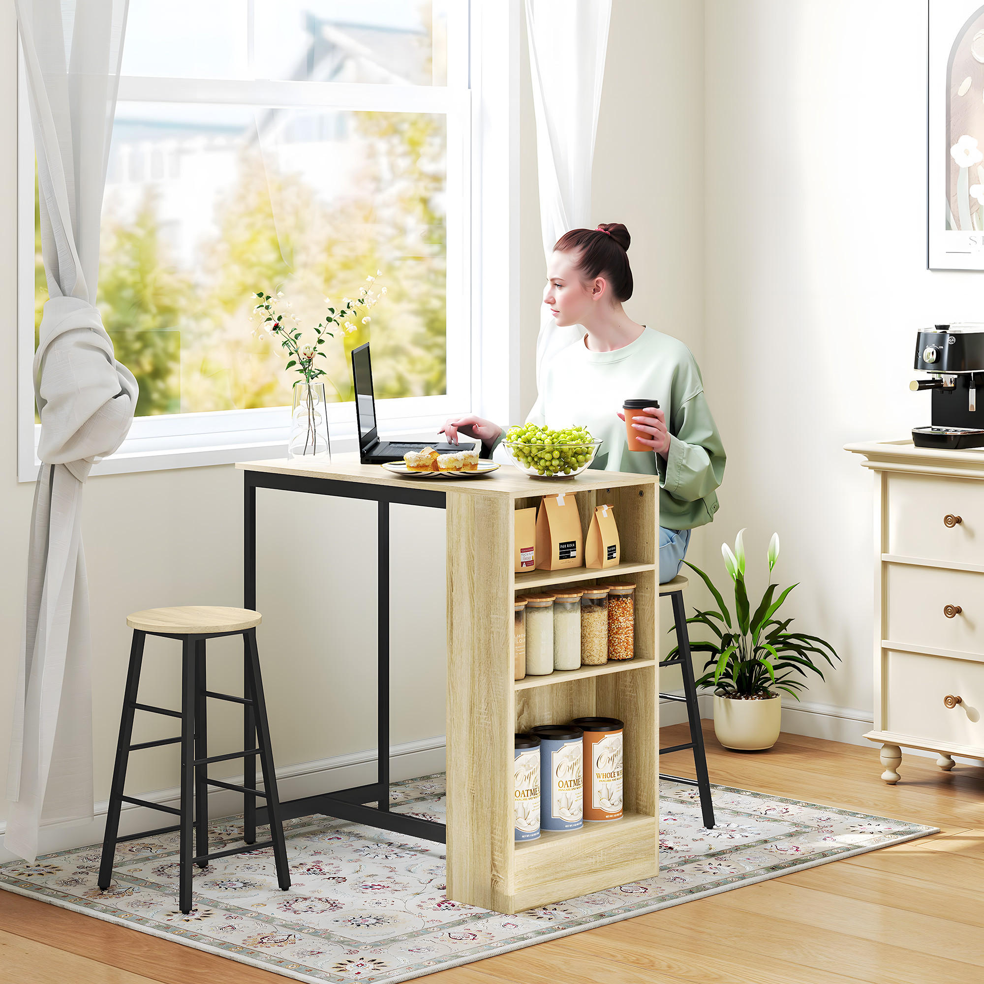 BARTISCH mit Barhocker Set, 3-TLG. 2 Hocker, Stahl, Eiche - Multicolor, Metall (91/91/49cm) - HOMCOM