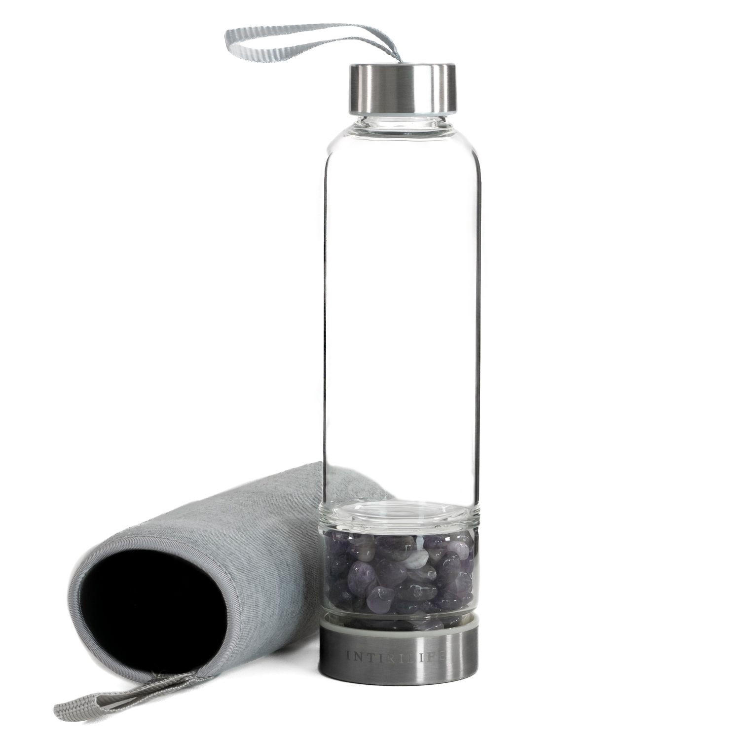 WASSERFLASCHE mit Heilsteinen und Tasche 400ml - Lila, Glas (0.4L) - Intirilife