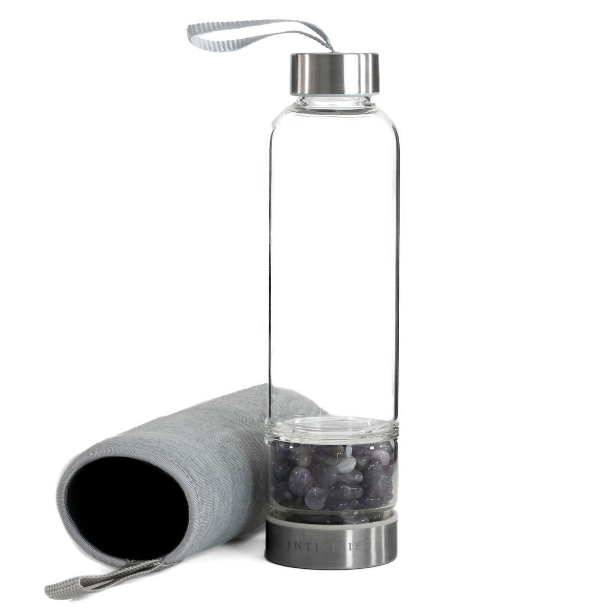 WASSERFLASCHE mit Heilsteinen und Tasche 400ml - Lila, Glas (0.4L) - Intirilife