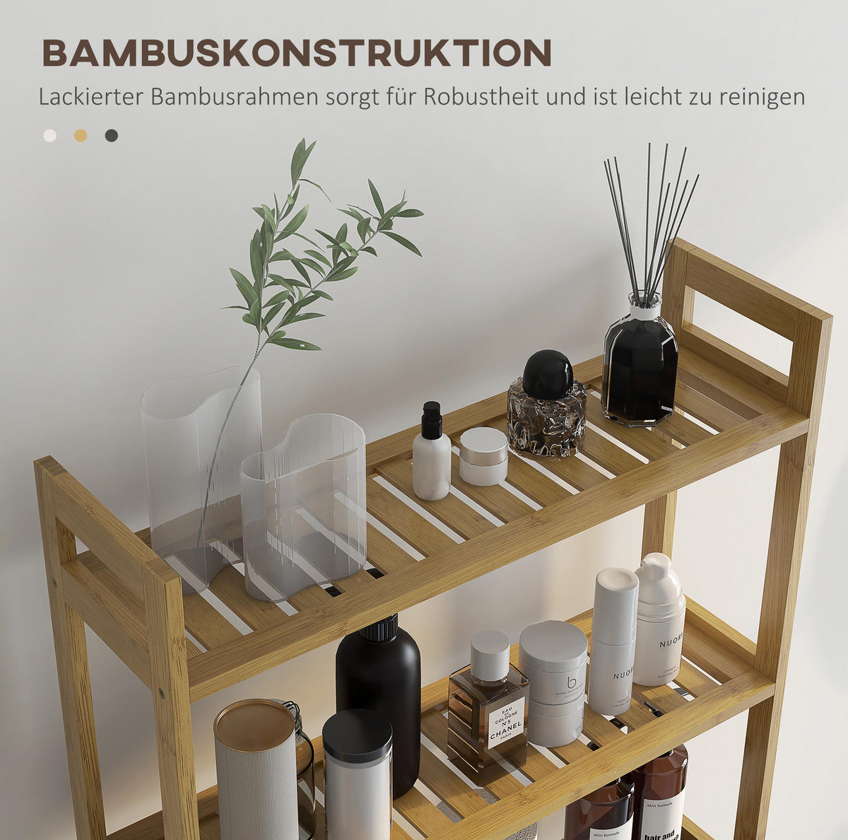 BADEZIMMERREGAL 68x20x165 cm Natur aus Bambus mit 3 Fächern & Kippschutz - Naturfarben, Naturmaterialien (68/165/20cm) - Modfu