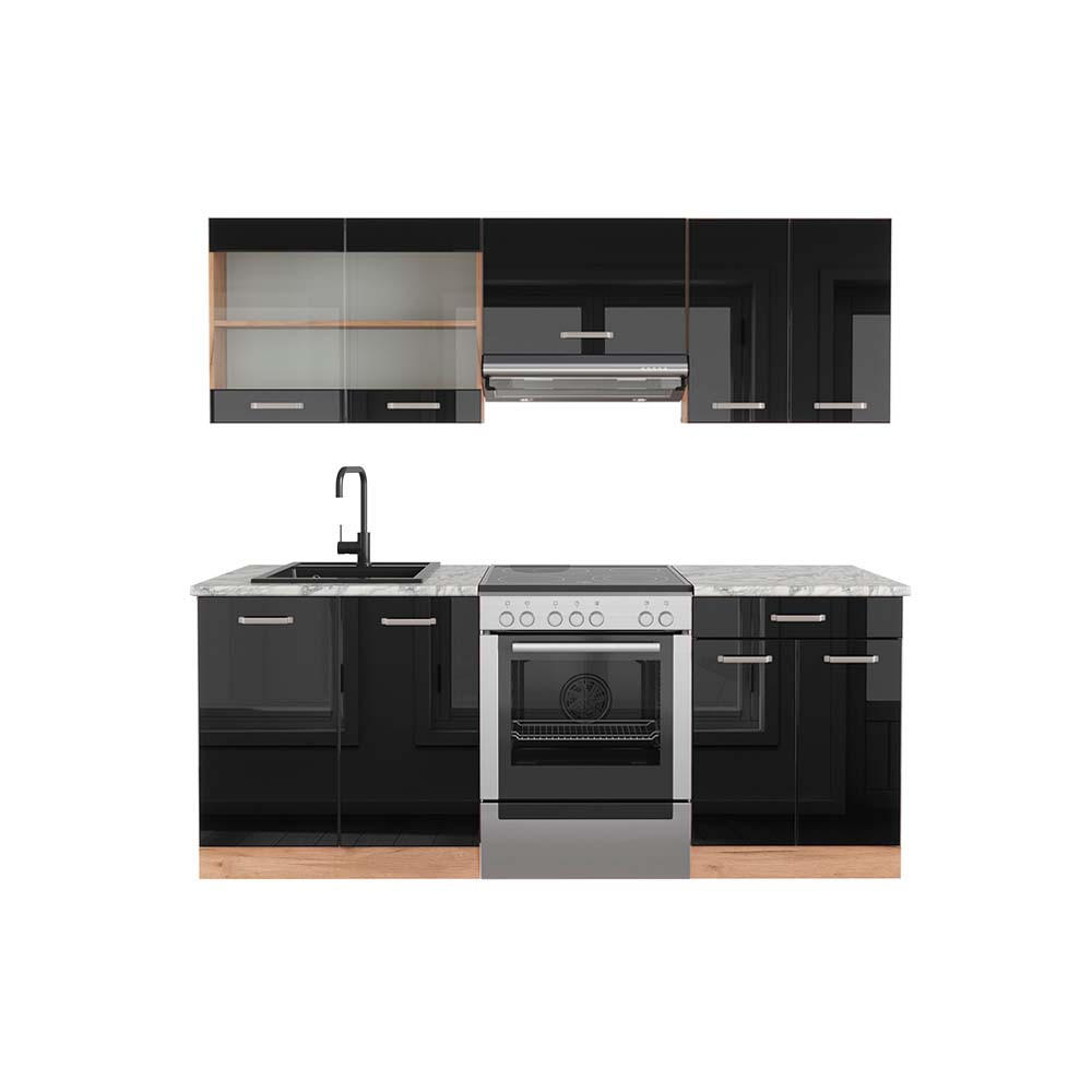 KÜCHENZEILE R-Line Schwarz Hochglanz/Goldkraft Eiche 200 cm, AP Marmor - Honigeiche/Schwarz Hochglanz, Holzwerkstoff (200/81.6/60cm) - Vicco