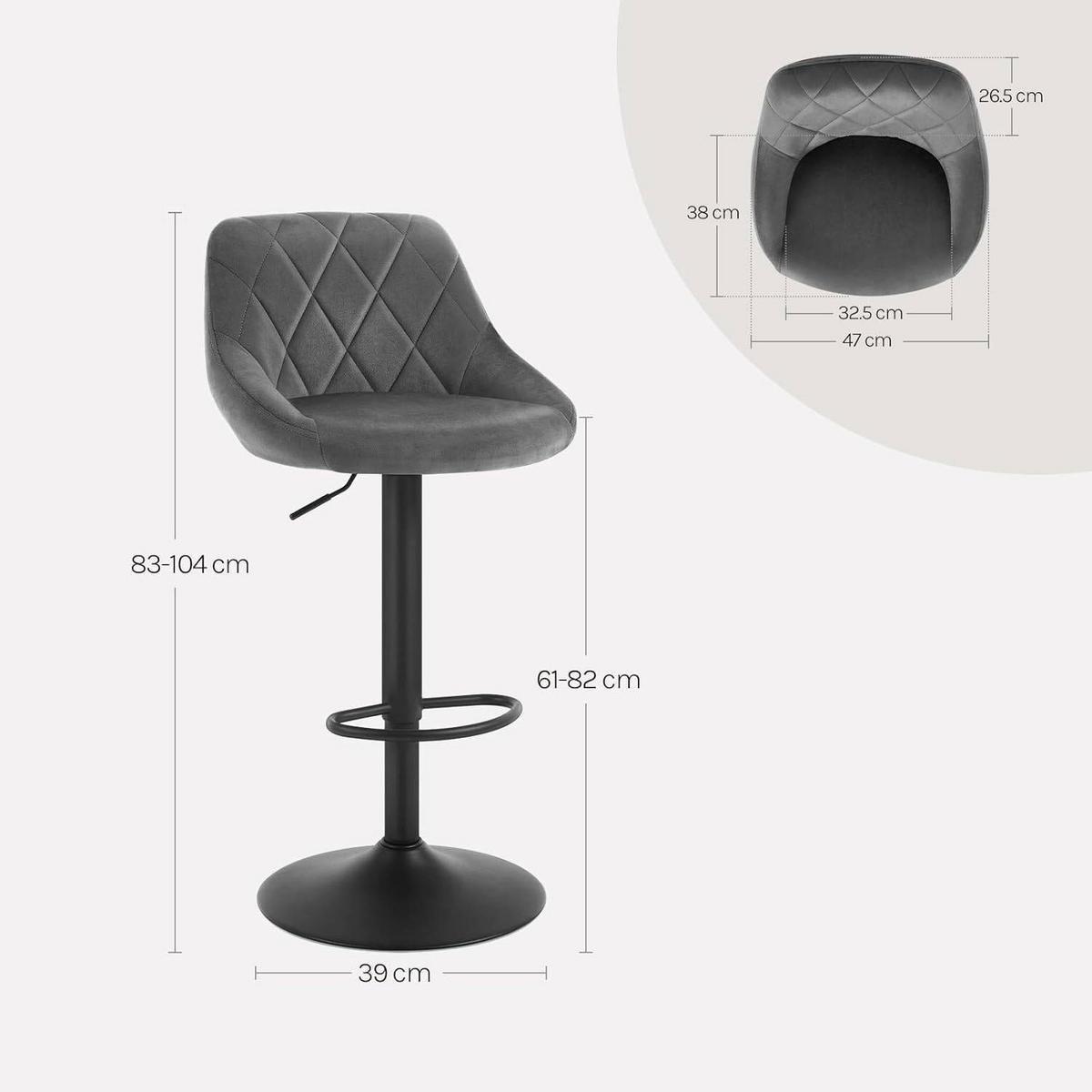 BARHOCKER aus Samt, Drehbar, Dunkelgrau - Dunkelgrau/Schwarz, Textil/Metall (47/83/39cm) - Woltu