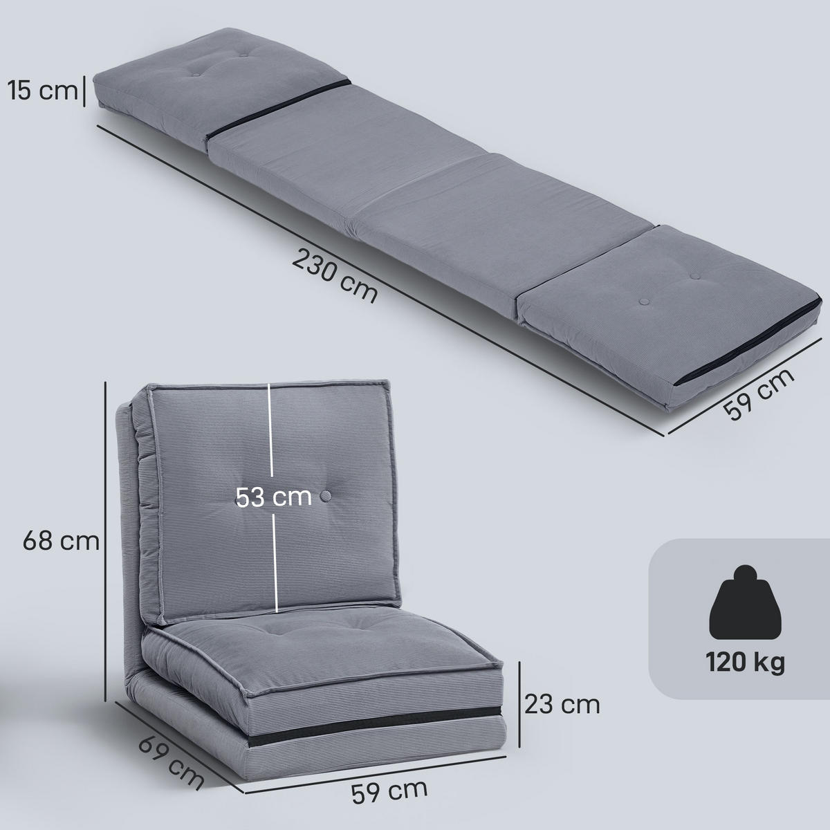 SCHLAFSESSEL DE-13496 5-fach verstellbar, Kordelsamt Grau - Grau, Textil (59/68/69cm) - ComfortXL