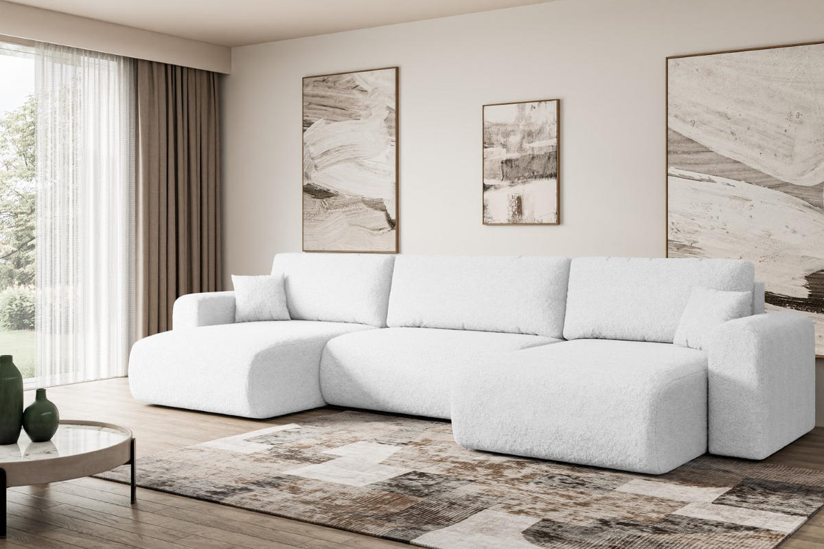 WOHNLANDSCHAFT mit Schlaffunktion und Bettkasten ORRO-U - 362x145x83 cm Weiß Bouclé - Schwarz/Weiß, Holzwerkstoff/Kunststoff (362/83/145cm) - ALTDECOR
