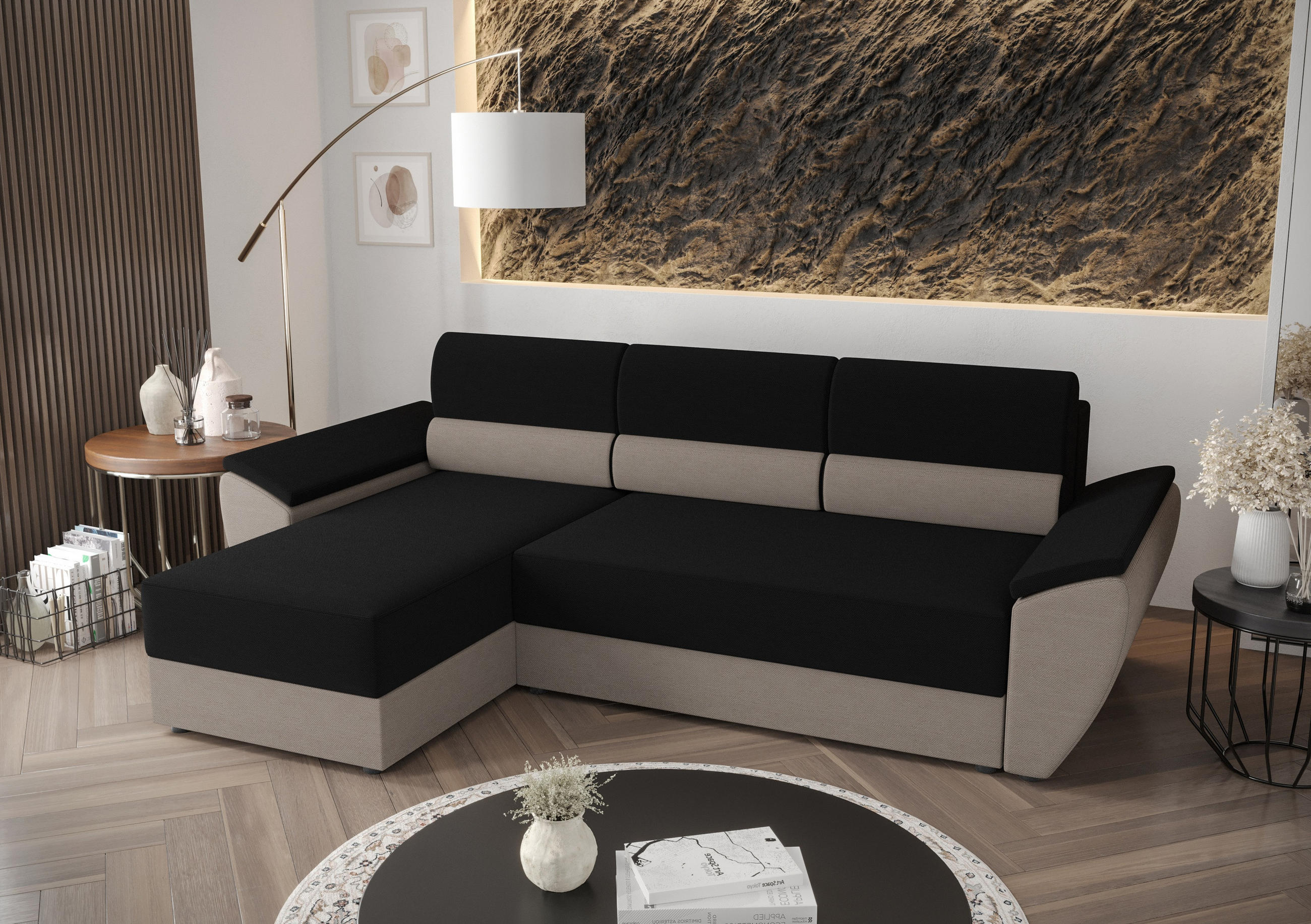 ECKSOFA L REBI L2 Rainbow 15/83 Links mit Schlaffunktion, Schwarz/Beige, L-Form - Beige/Schwarz, Textil (251/140cm)