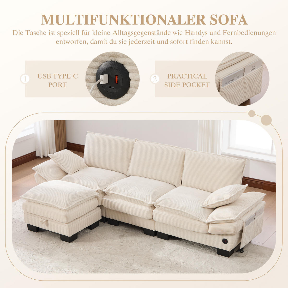 ECKSOFA 260/132/84 cm Beige Cord mit 1 Fußhocker, USB-C-Anschluss und Seitentaschen - Beige, Textil (260/132cm) - Oxeza