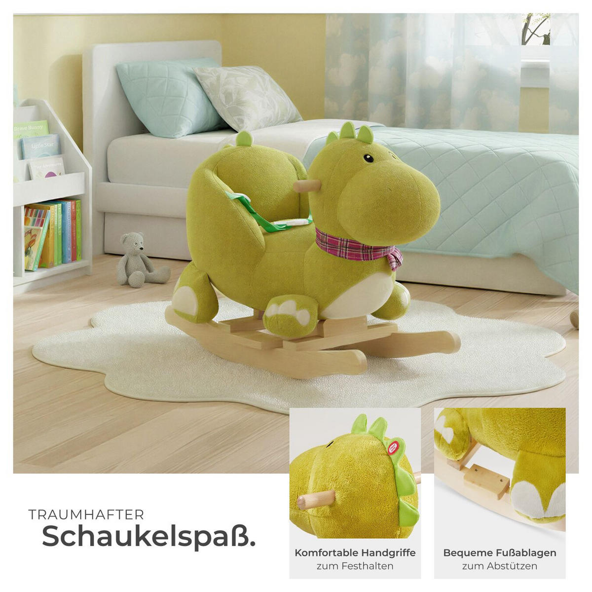 SCHAUKELTIER Dinosaurier ,massive Holzkufen, ab 12 Monaten geeignet,grün - Grün, Textil (35/50/70cm) - tectake