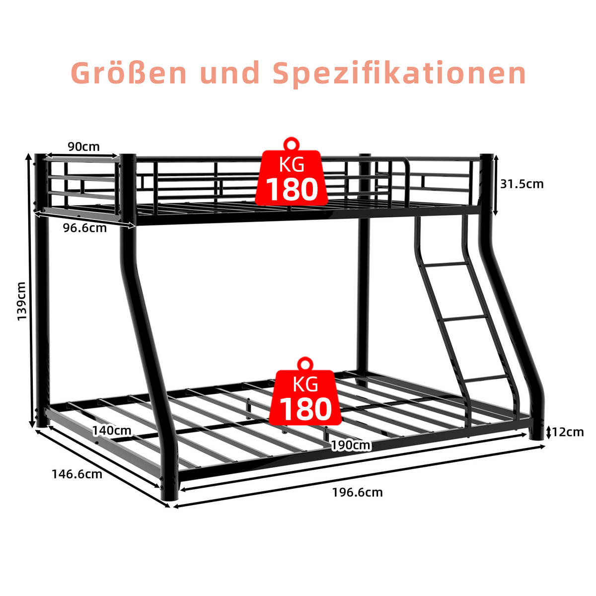 ETAGENBETT 90/190+140/190 mit Leiter und durchgehendem Geländer - Schwarz, Holzwerkstoff (90/190cm) - EVRYAE