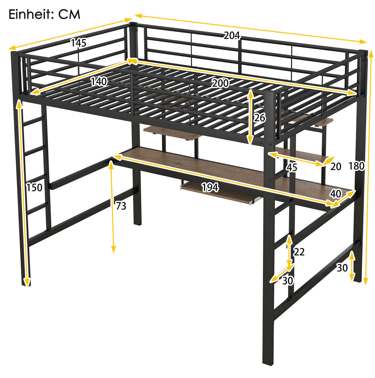 HOCHBETT aus Metall und MDF 140x200 cm Schwarz mit Schreibtisch, 2 Regalen und Tastaturablage - Schwarz, Metall (140/200cm) - IVMEU