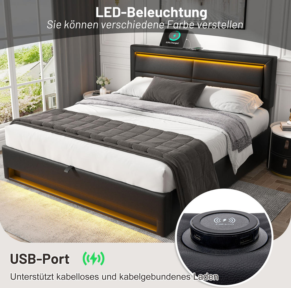 POLSTERBETT 140/190 cm schwarz aus PU mit LED, USB und Stauraum - Schwarz, Kunststoff (140/190cm) - OKWISH