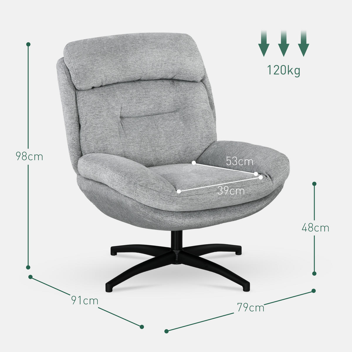 SESSEL Drehbar Loungesessel mit Wasserabweisend Chenille-Optik für Wohnzimmer - Schwarz/Grau, Textil/Metall (91/98/79cm) - HOMCOM