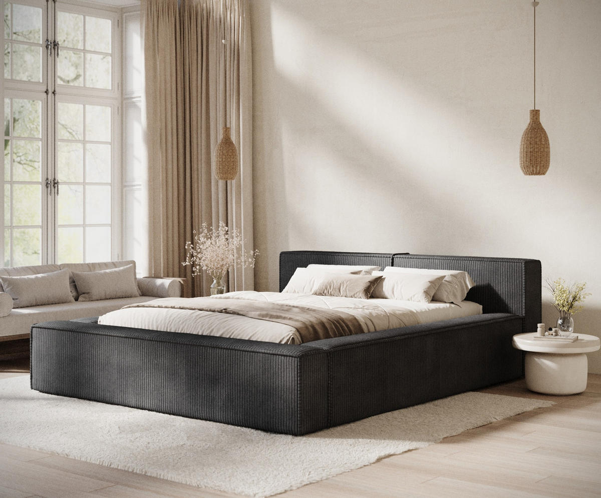 POLSTERBETT Voliera Anthrazit 200/200 cm im Samtstoff - Birkefarben/Anthrazit, Holz/Holzwerkstoff (200/200cm) - Maison de Reve