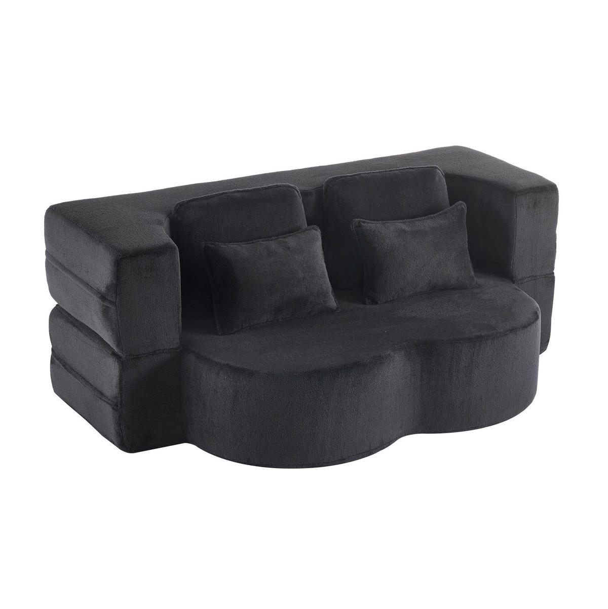 BODENSCHLAFSOFA mit Schlaffunktion, 4 Kissen und ergonomischer Polsterung, Schwarz - Schwarz, Textil (198/76/60cm) - Redom