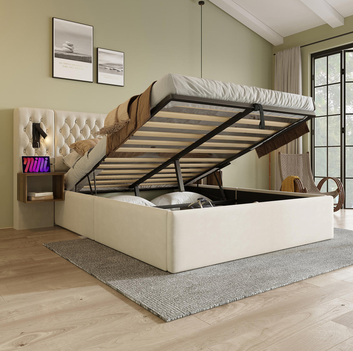 SAMT-POLSTERBETT 160/200 cm mit Bettkasten, Nachttischen und Leselicht in Beige - Beige, Textil (160/200cm) - BEAOK