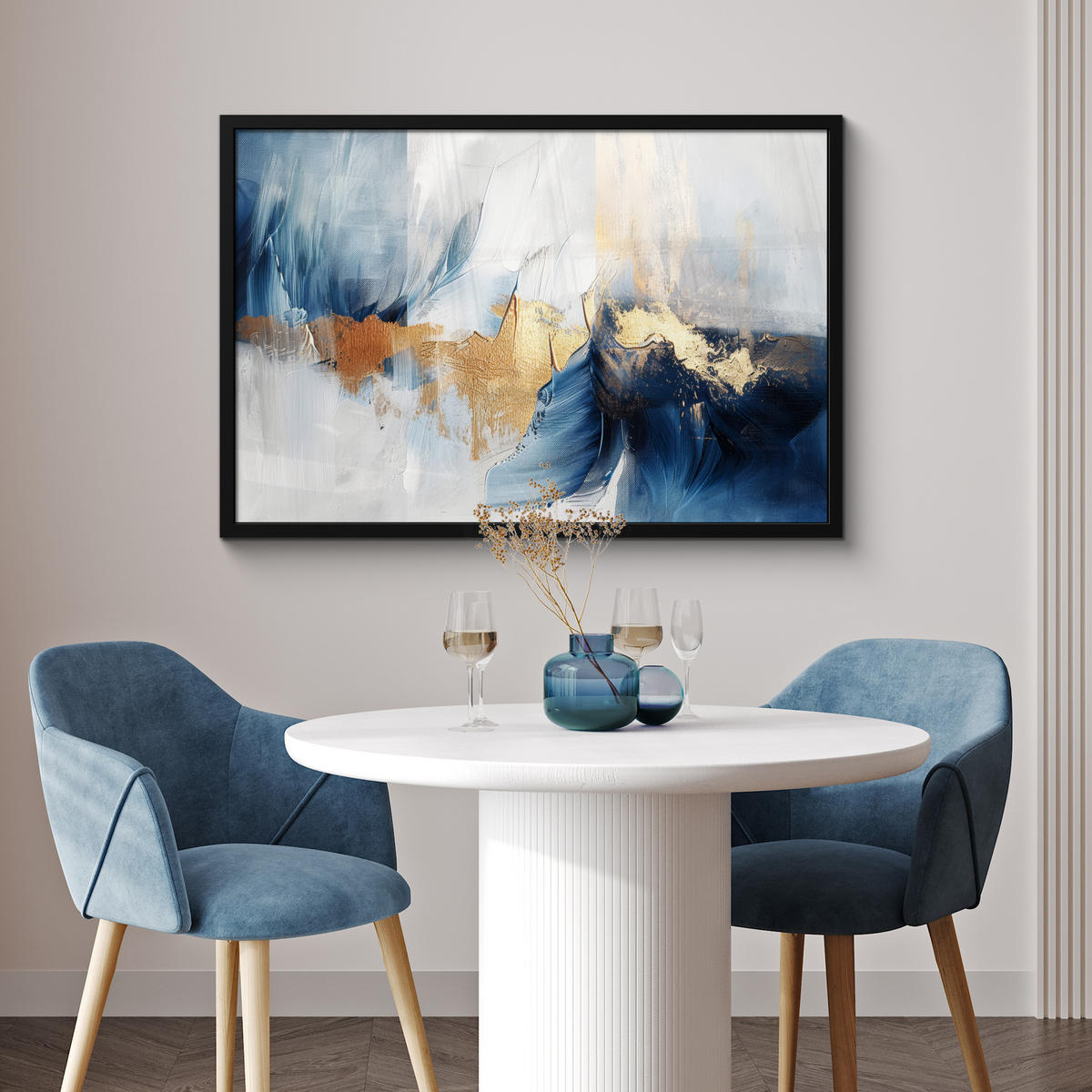 POSTER MIT RAHMENGERAHMTES BILD Gold - Blau - Aquarell - Kunst - Modern 90x60 cm - Hellblau, Papier (90/60cm) - MuchoWow