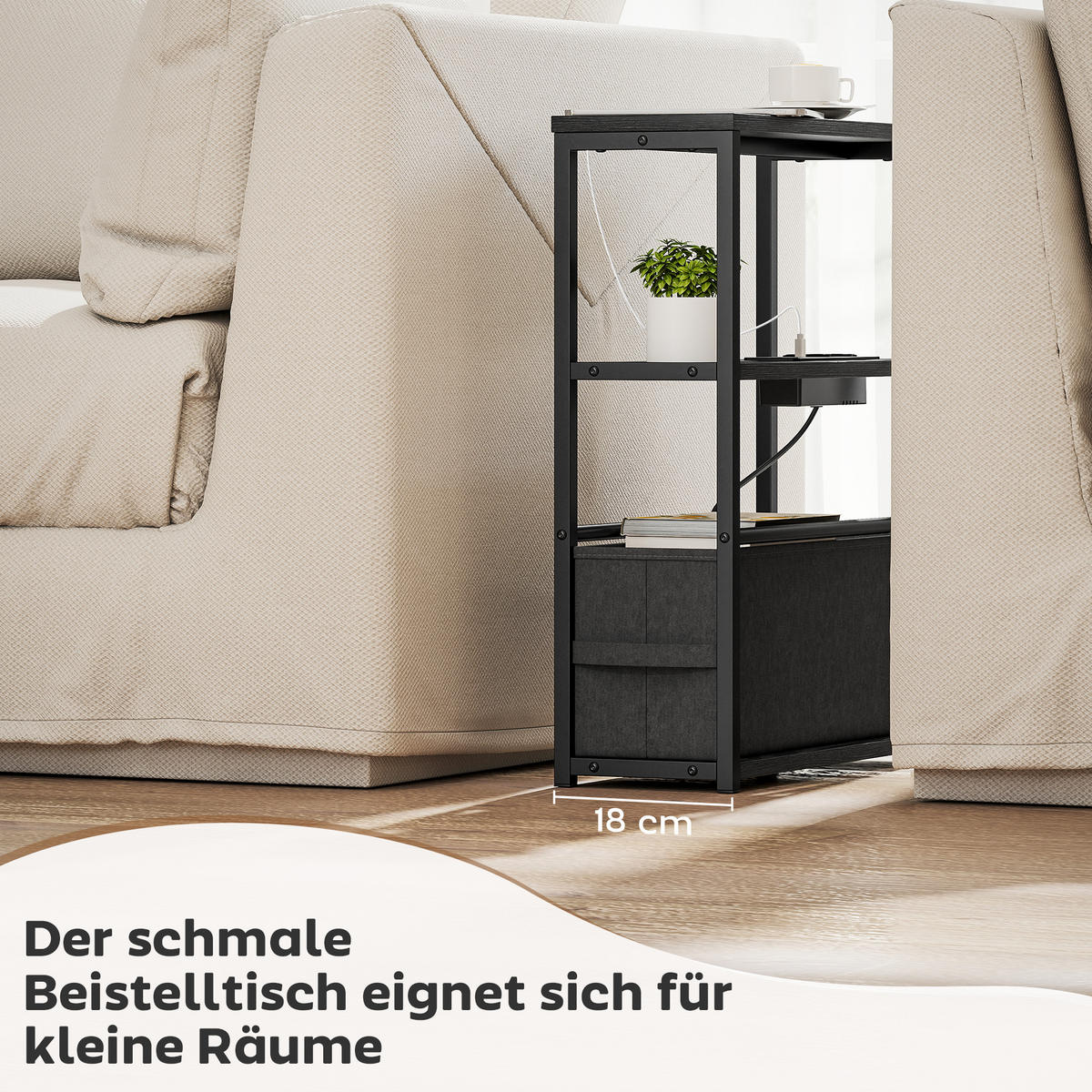 BEISTELLTISCH mit Steckdosenleiste USB & Type-C Ablage Schublade Stahlrahmen - Schwarz, Holzwerkstoff (45/18/60.2cm) - HOMCOM