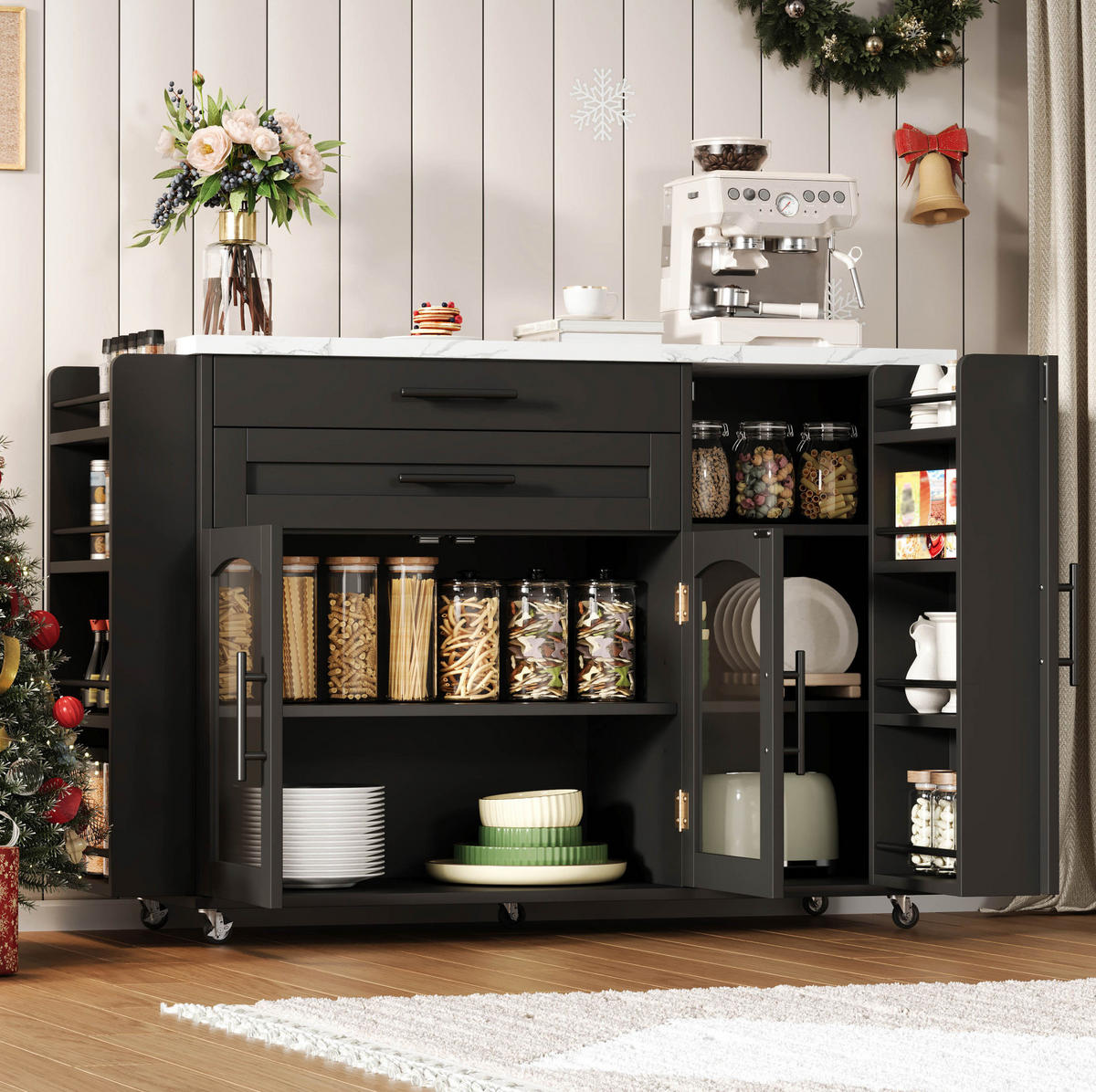 KÜCHENINSEL 120/45/90 cm schwarz aus MDF mit klappbarer Platte - Schwarz, Holzwerkstoff (138/90/70cm) - OKWISH