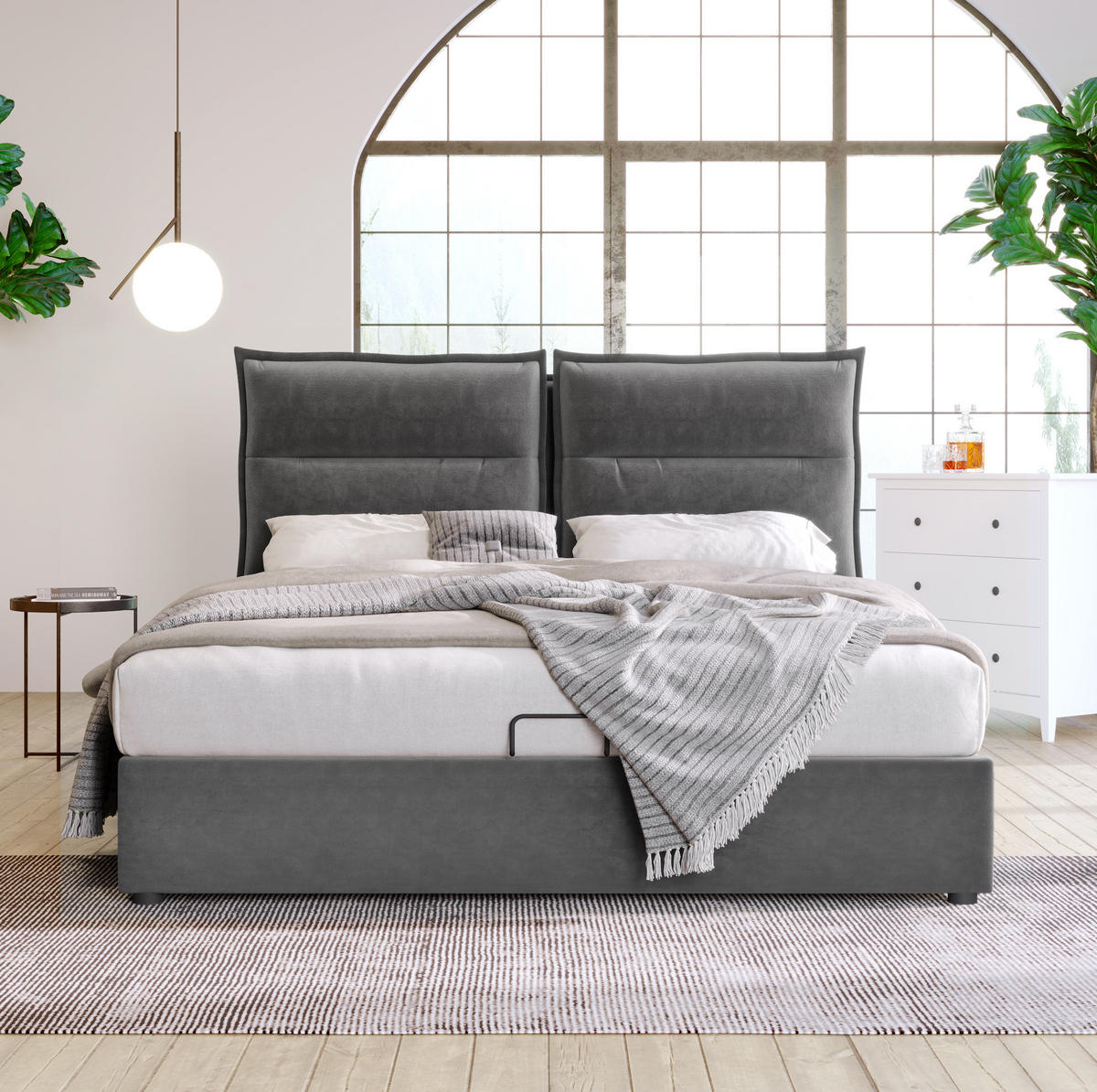 SAMT-POLSTERBETT 140/200 cm Grau mit Bettkasten, verstellbarem Kopfteil und Matratze - Grau, Textil (140/200cm) - BEAOK