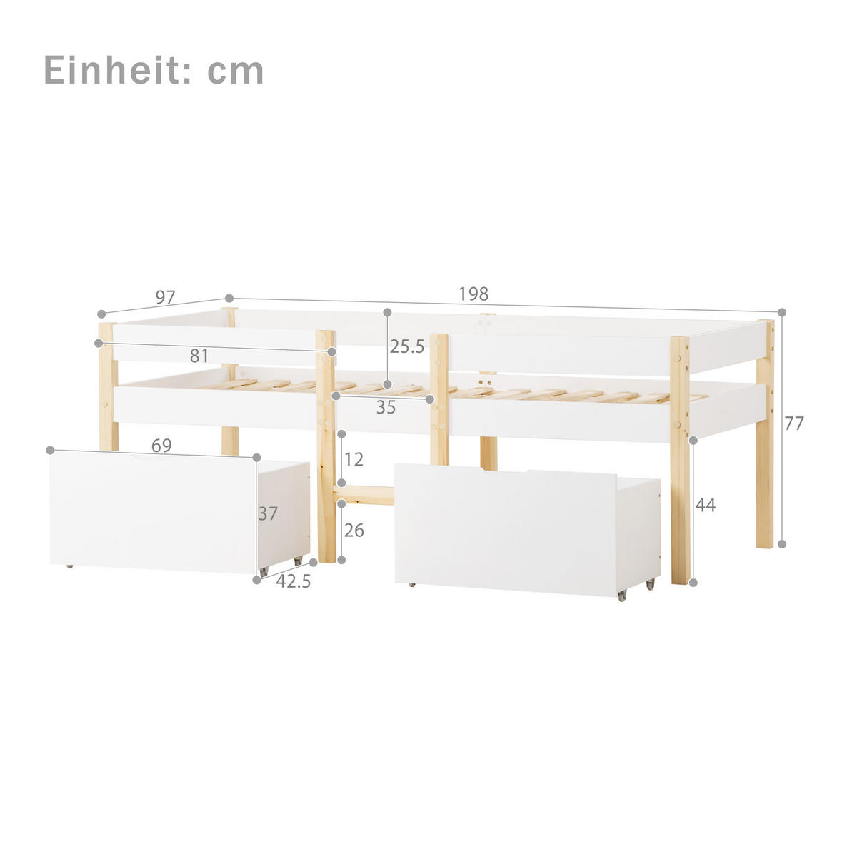 KINDERBETT 90/190 cm weiß Kiefernholz mit Schublade und Rausfallschutz - Weiß, Holz (90/190cm) - OKWISH