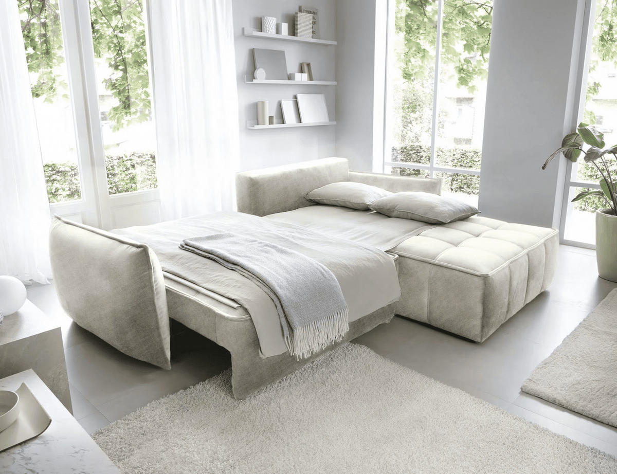 ECKSOFA mit Schlaffunktion und Bettkasten - Beige, Textil (196/265cm) - Eltap