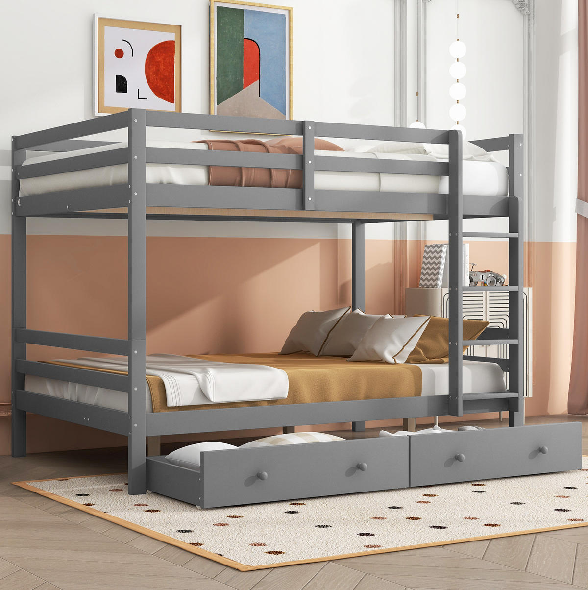 ETAGENBETT 140/200 cm in Grau aus Kiefernholz mit Schubladen und hohen Geländern - Grau, Holz (140/200cm) - OKMYHOME