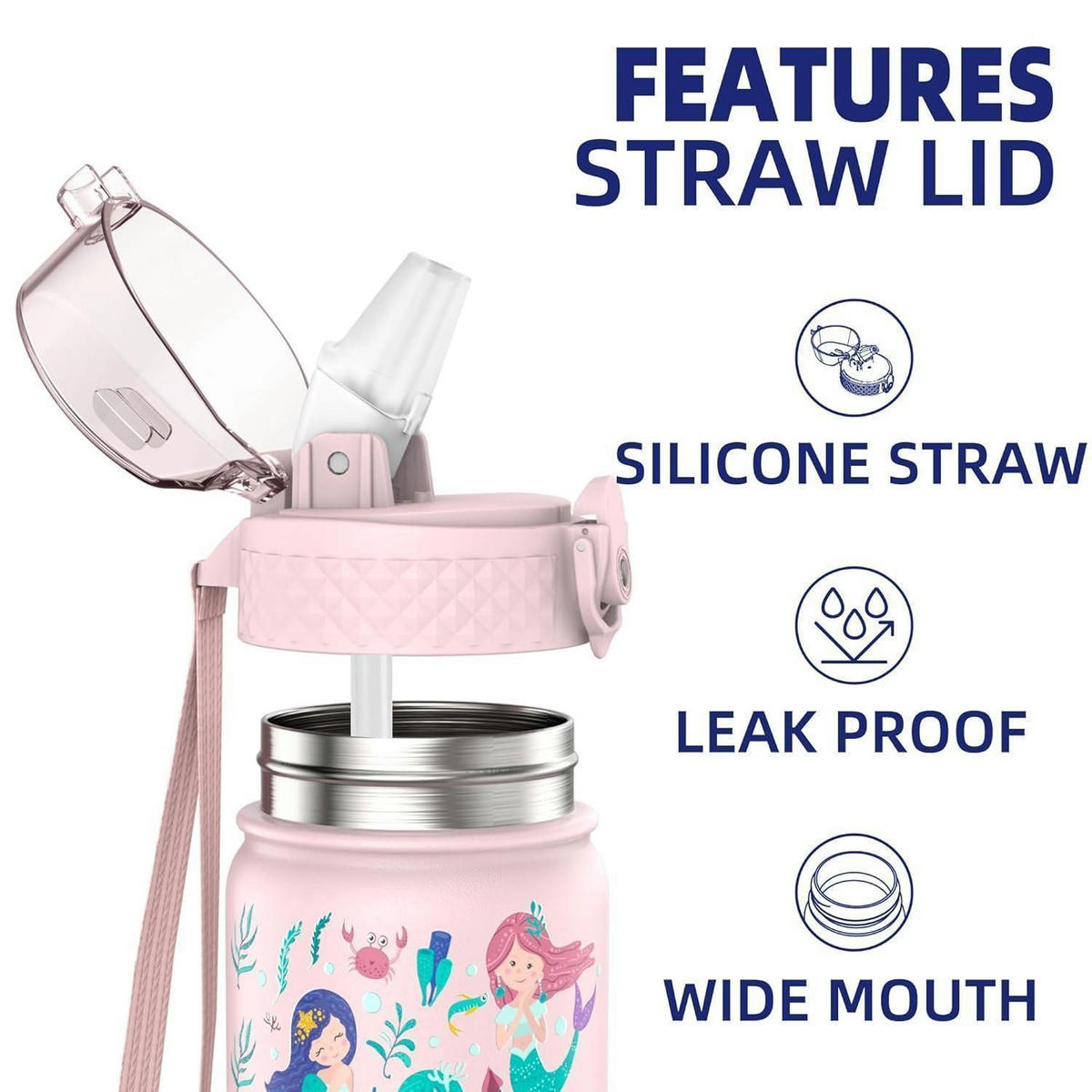 TRINKFLASCHE Kinder 420 ml Edelstahl mit Strohhalm und auslaufsicherem Deckel Rosa Meerjungfrau - Rosa, Metall (7.5/7.5cm)