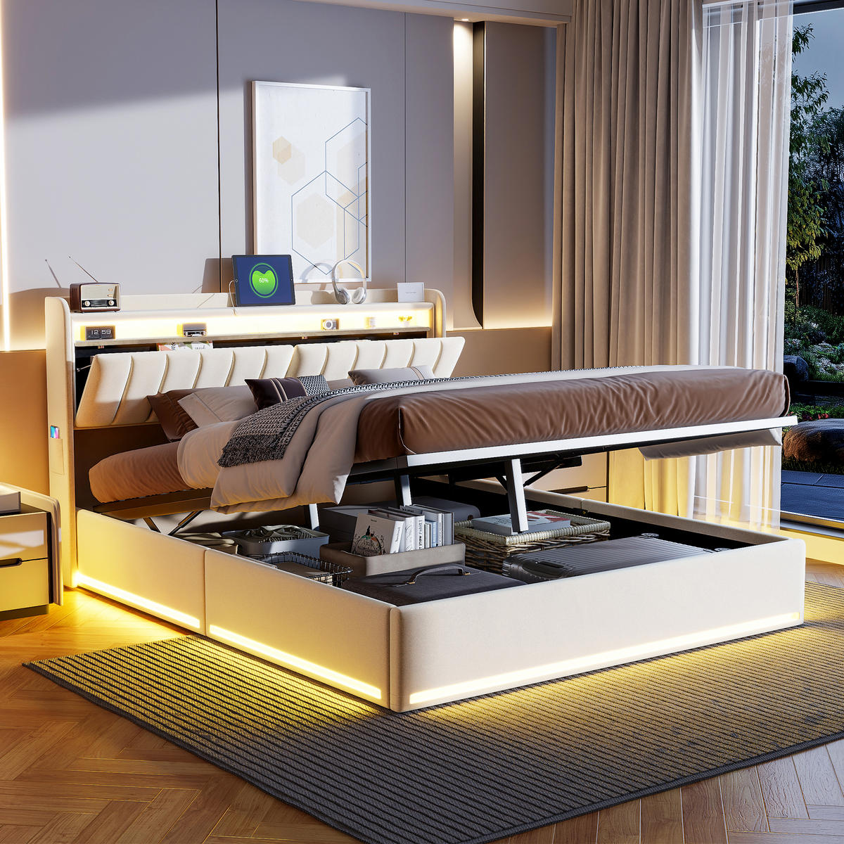 BETT 140/200 cm mit Stauraum, LED-Beleuchtung und USB,Doppelbett 250616WXL0604 - Beige/Naturfarben, Holz/Metall (140/200cm) - PARAFTA HOME