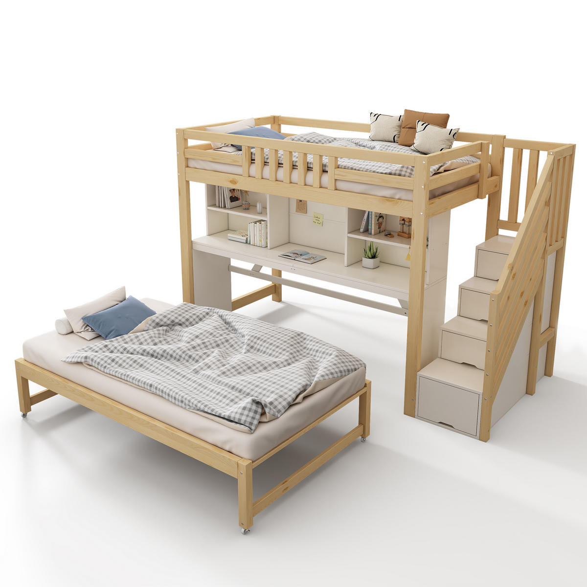 ETAGENBETT 90/190/200 cm mit Ausziehbett und Schreibtisch, DE-41563, in Weiß/Eiche - Eichefarben, Holzwerkstoff (90/200cm) - ComfortXL