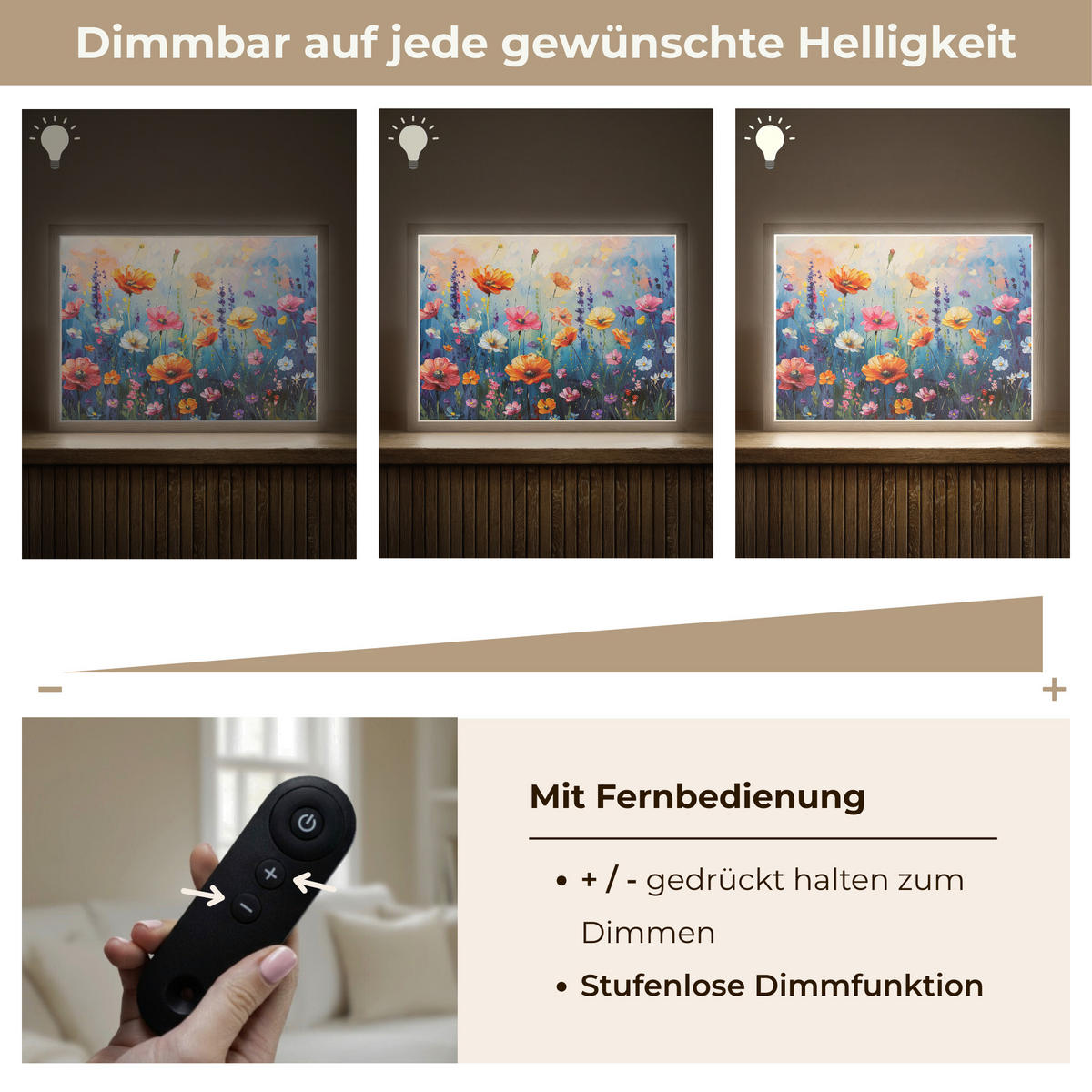 NÁSTĚNNÁ LAMPA S AKUMULÁTOREM Květiny - Příroda - Akvarel - Umění 40x30 cm - různobarevná, kompozitní dřevo (40/30/8cm) - OnlyWow
