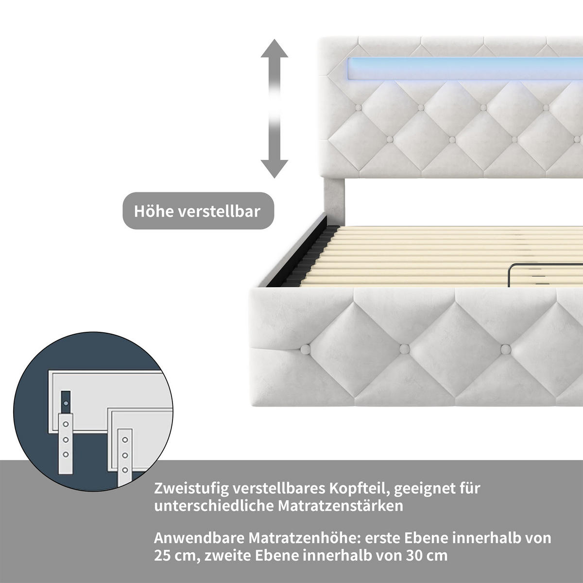 POLSTERBETT 160x200 cm mit Bettkasten, Doppelbett 160x200 cm mit LED, Stauraumbett mit Hydraulik, Cremeweiße Samt - Creme, Holzwerkstoff/Textil (160/200cm) - GENKI LIVING