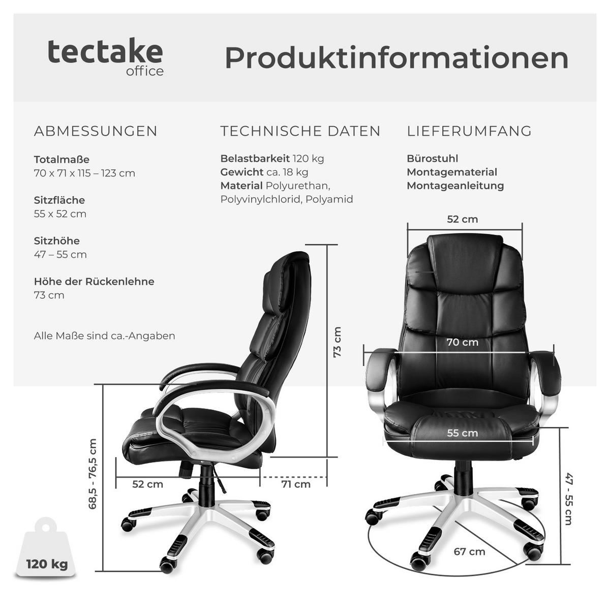 BÜROSTUHL Jonas, einstellbare Wippfunktion, schwarz - Schwarz, Textil (70/123/71cm) - tectake
