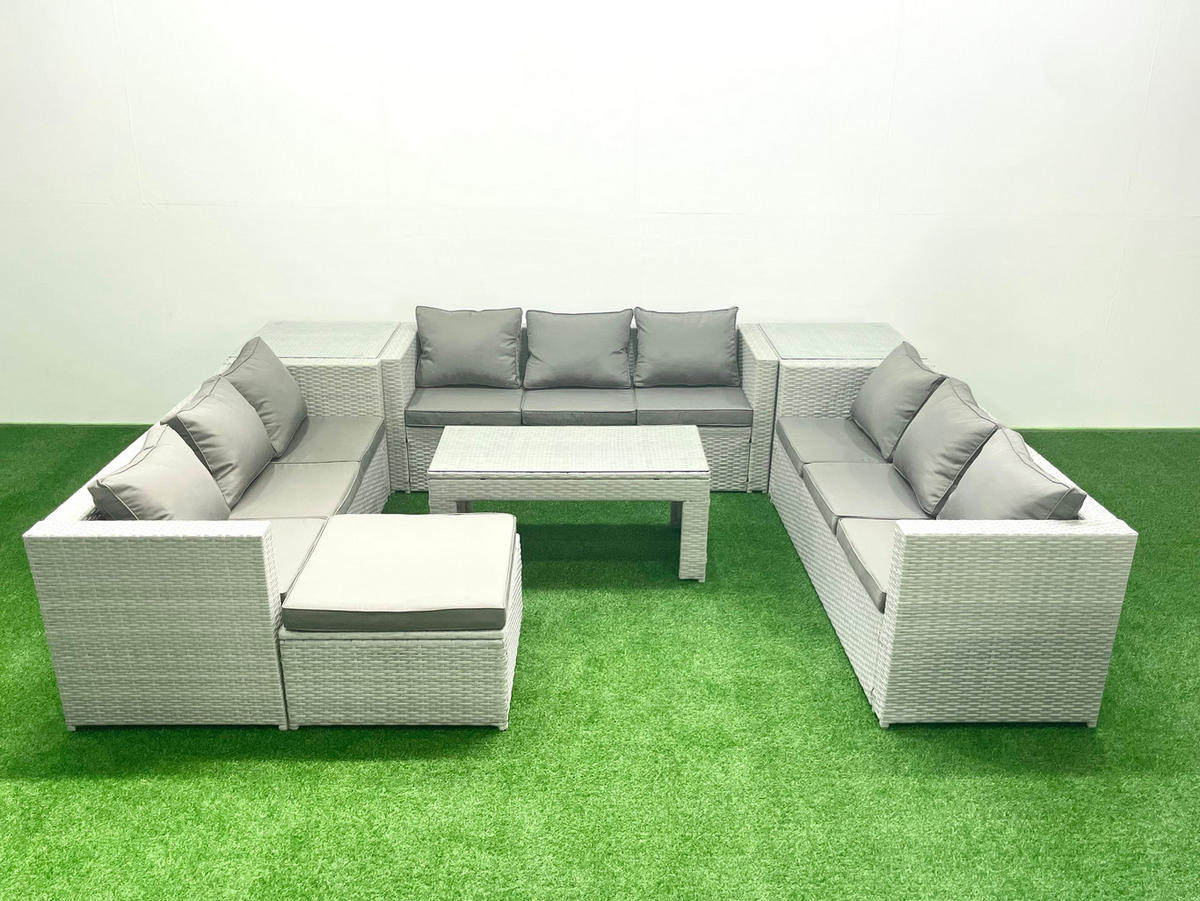 BALKONMÖBEL-SET Polyrattan Hellgrau-Mix 10-teilig - Hellgrau/Grau, Glas/Kunststoff - Fimous