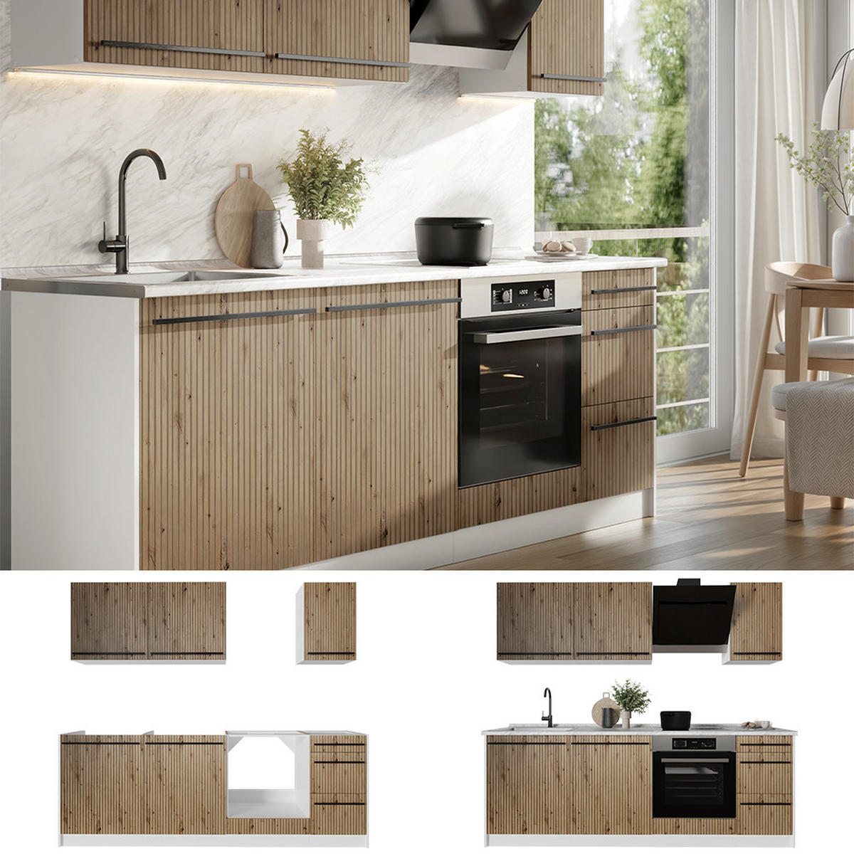 KÜCHENZEILE R-Line, Artisan-Eiche/Weiß, 220 cm Arbeitsplatte Anthrazit - Eiche Artisan/Weiß, Holzwerkstoff (220/81.6/60cm) - Vicco