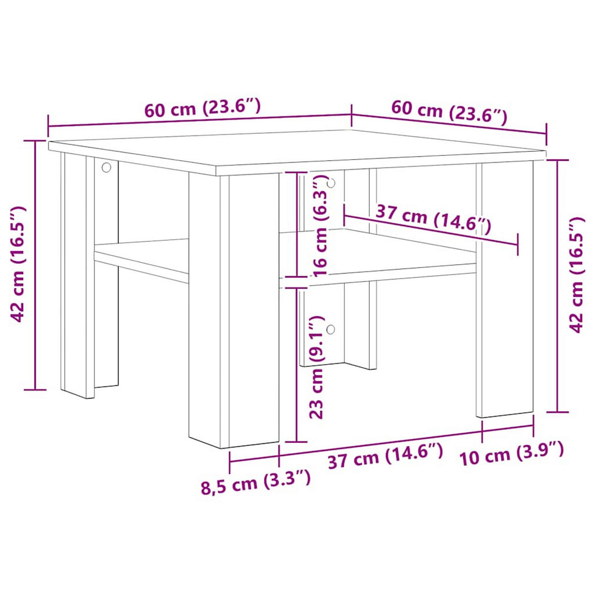 COUCHTISCH 60/60/42 cm aus Holzwerkstoff Betongrau mit 1 Ablageflächen - Grau, Holz (60/60/42cm) - vidaXL