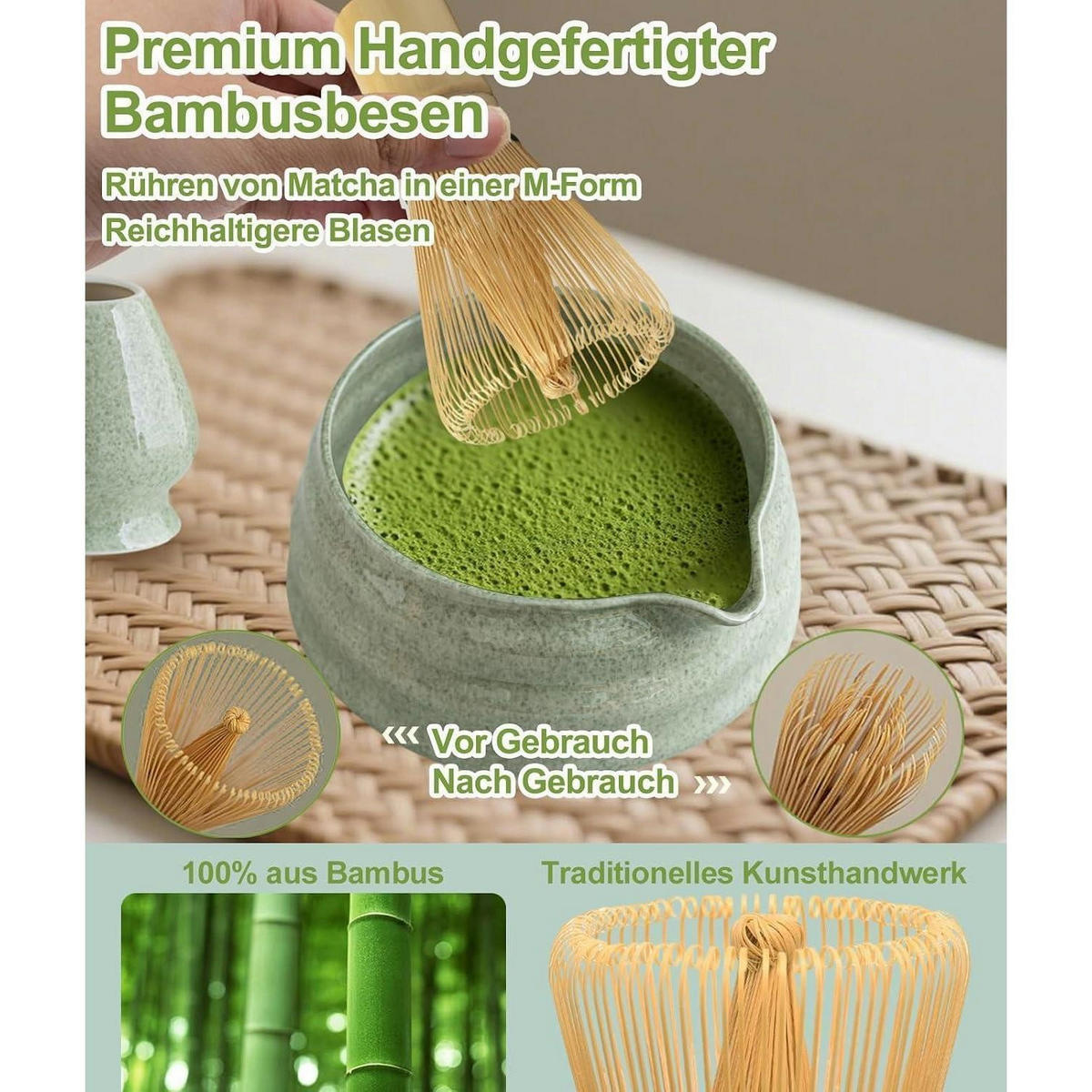 MATCHA Set 7-teiliges Set mit Schale und Bambusbesen - Grün, Keramik (15/10/15cm)