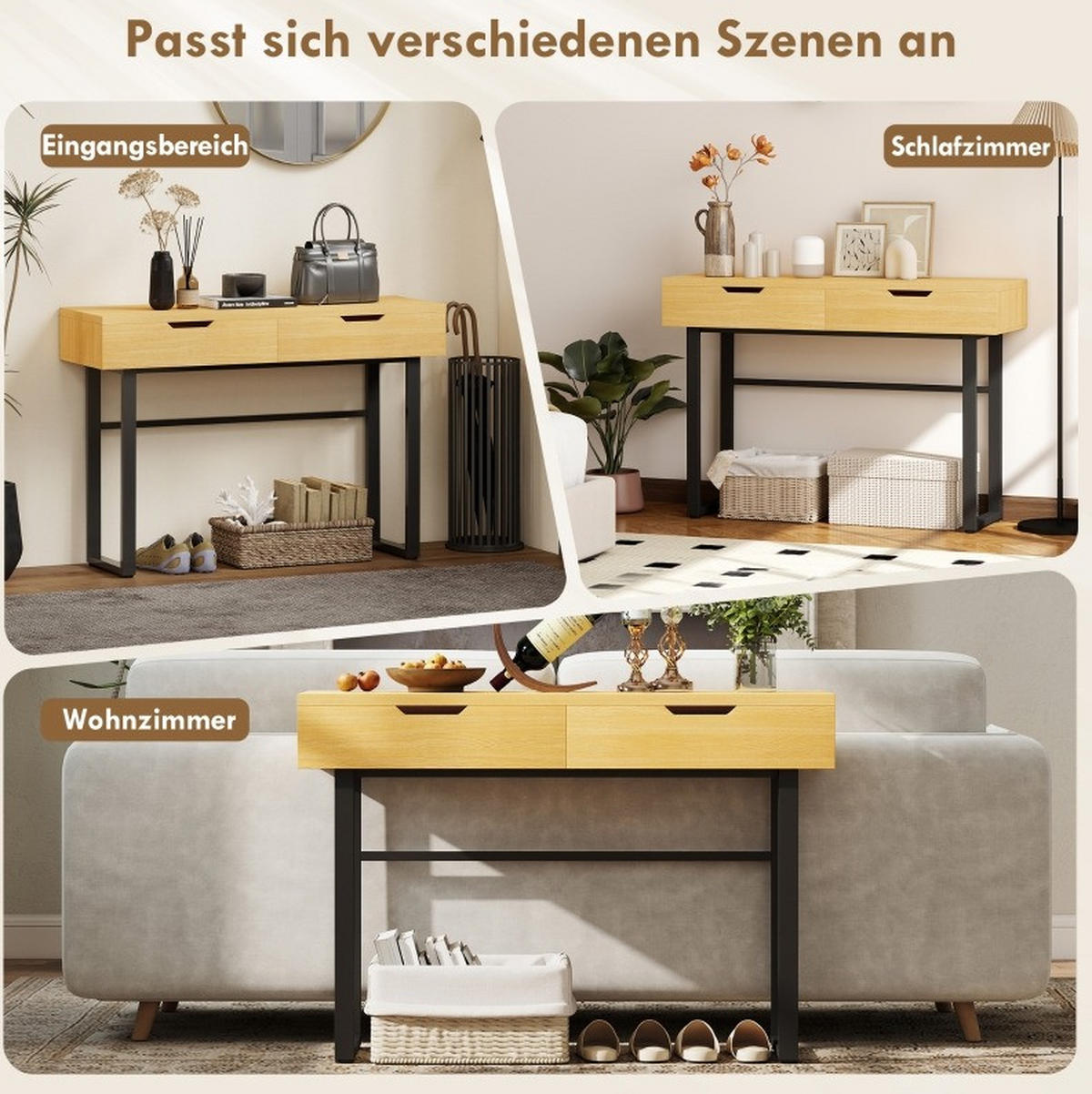 KONSOLENTISCH 110/35/76,5 cm in Natur mit 2 Schubladen und Metallrahmen - Naturfarben, Holz (110/35/76.5cm) - Flora Grace