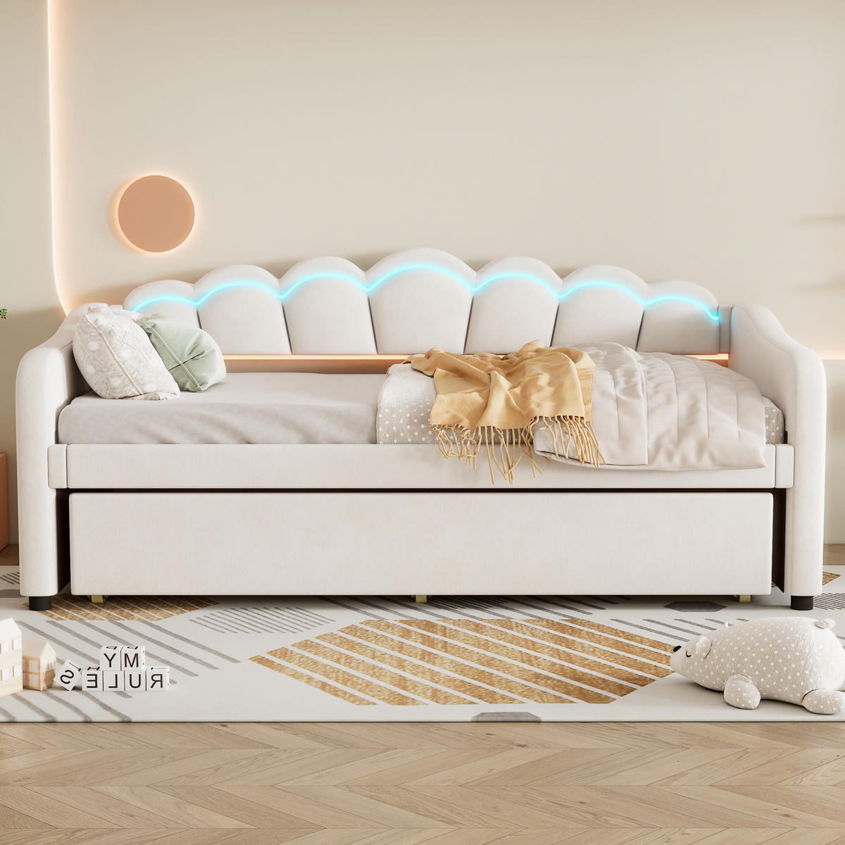 TAGESBETT 90/200 cm Beige mit ausziehbarem Bett und LED-Beleuchtung aus Samt - Beige, Textil (90/200cm) - OKWISH